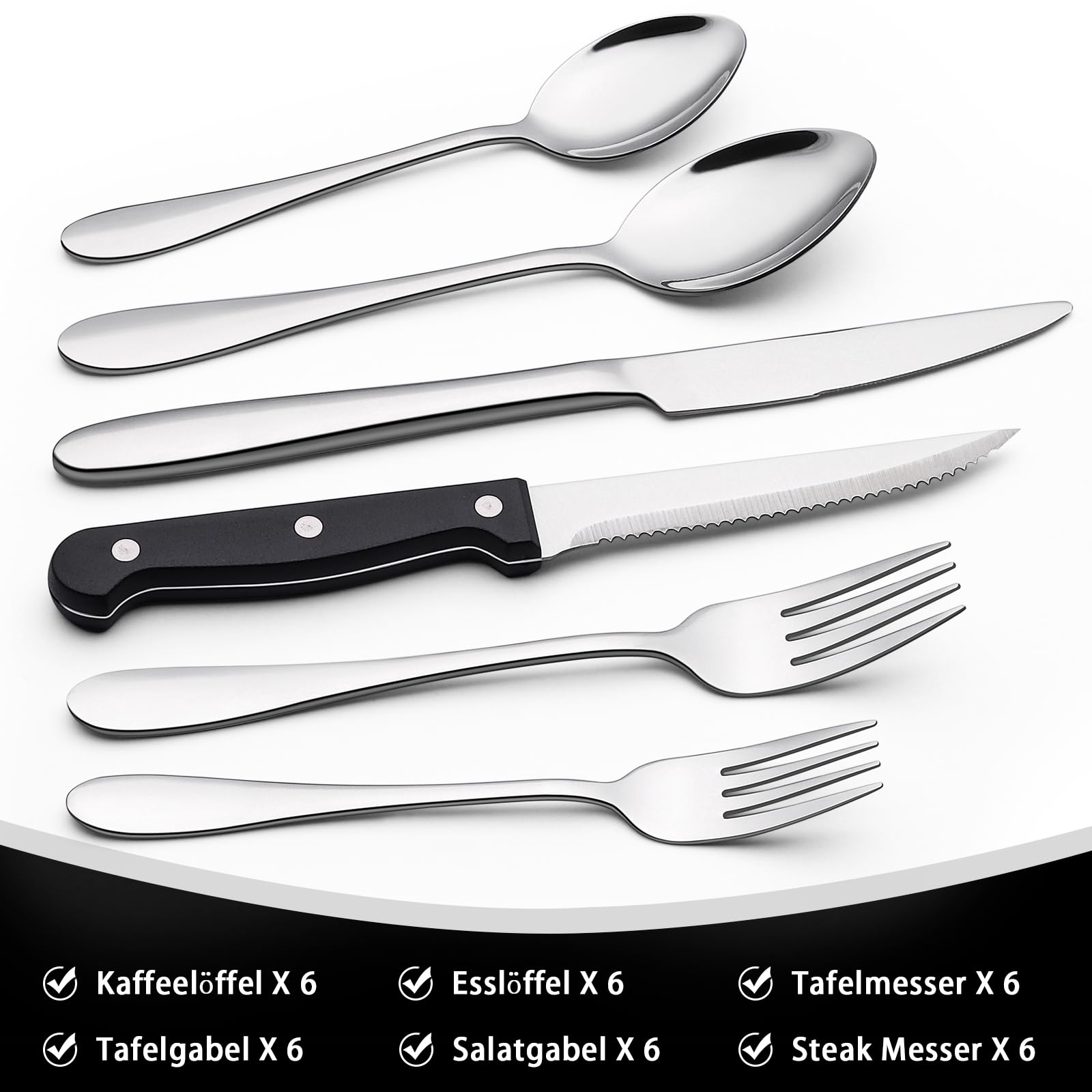 36-teiliges Besteckset aus Edelstahl mit Steakmesser, Besteckset für 6 Personen, elegantes Besteckset mit Messer, Gabel, Löffel, Besteck für Zuhause/Party/Restaurant, Geschirrspüler geeignet