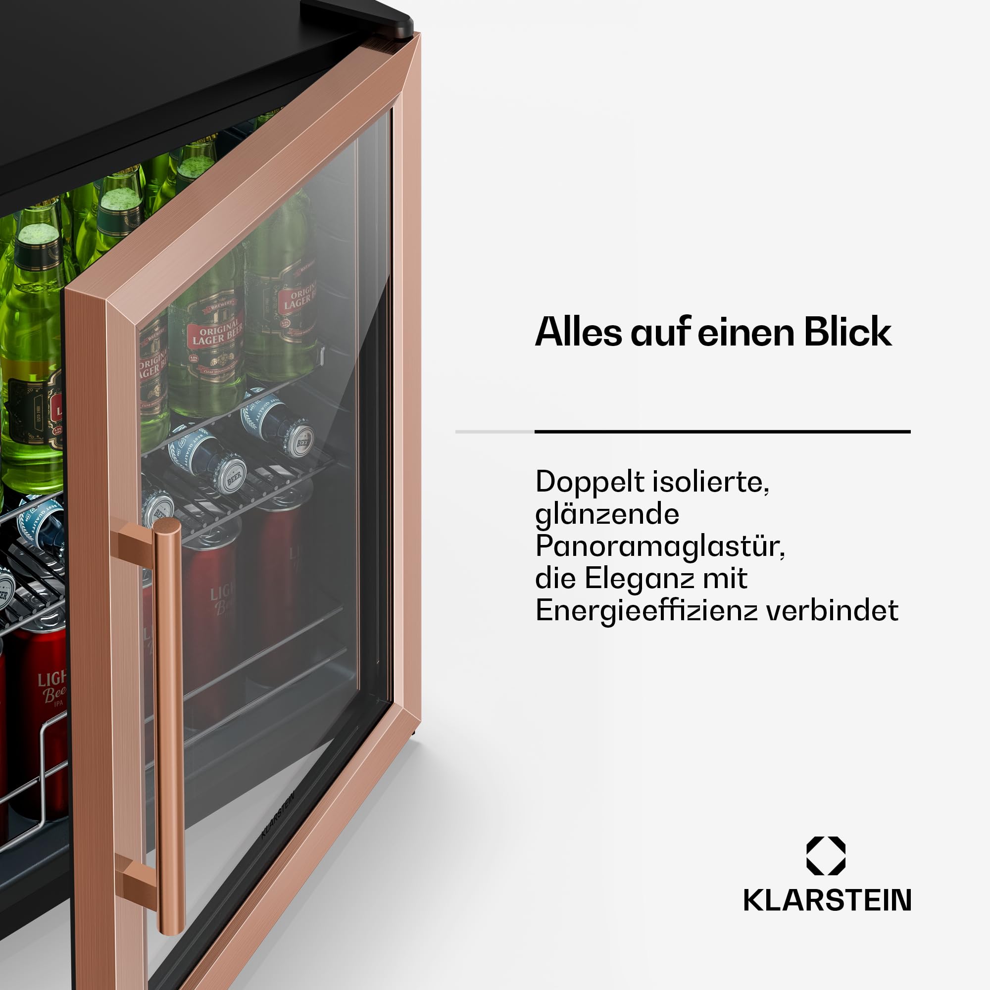 Beersafe Getränkekühlschrank 60 L – Mini Kühlschrank mit Glastür, Kupfer | LED-Beleuchtung, herausnehmbare Metallablagen, leise, Flaschenkühlschrank für Getränke & Dosen