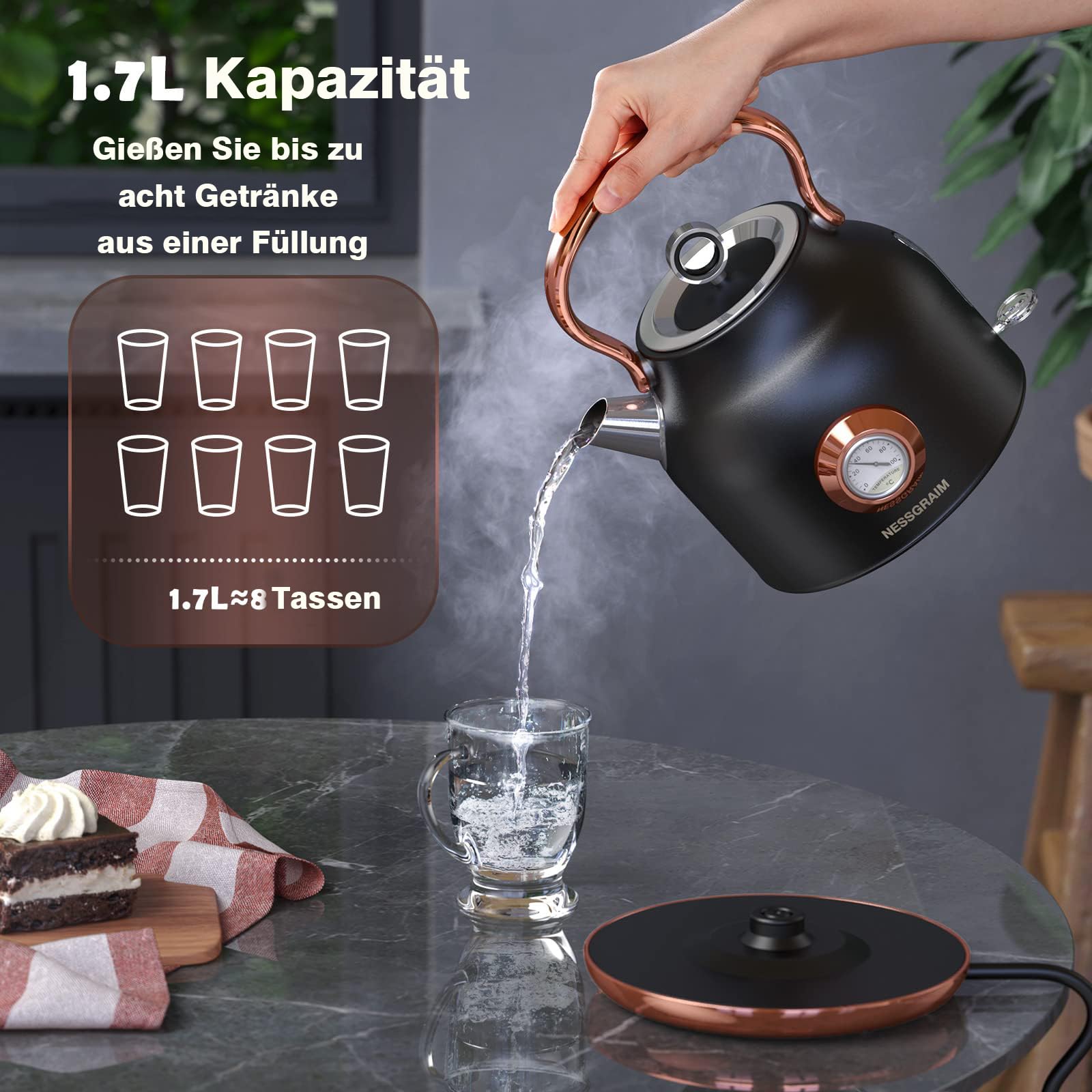 Retro Wasserkocher, 1,7 Liter Edelstahl Teekessel mit grosser Temperaturanzeige, 2200 W Schnellerhitzung Heisswasserkessel mit LED-Anzeige, Schwarz oder Weiss