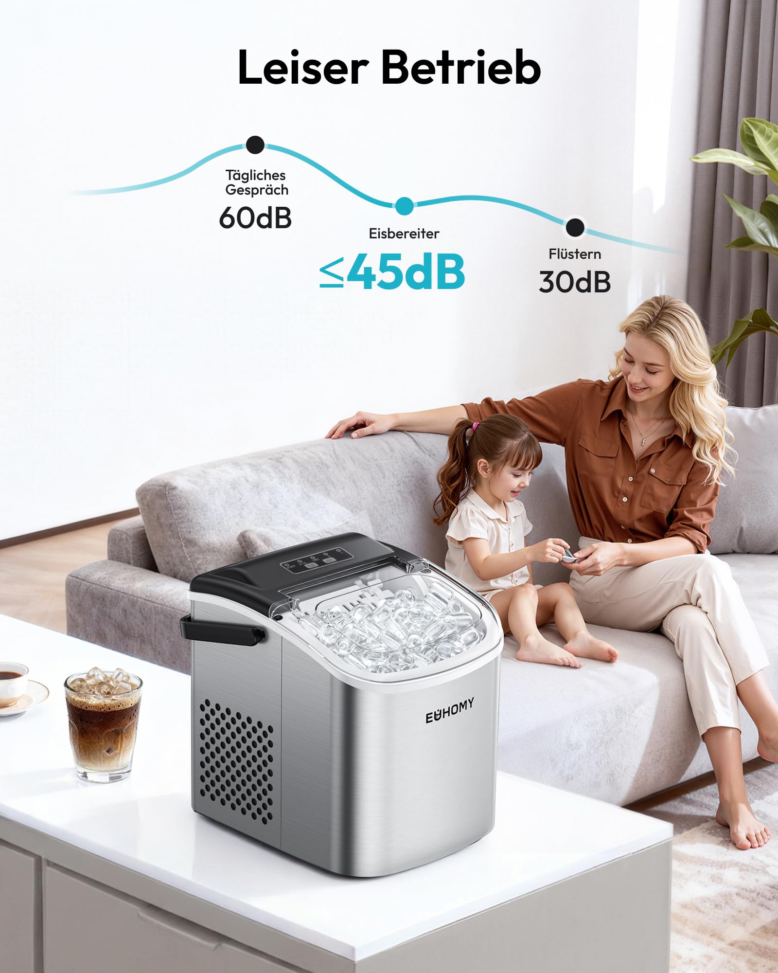 Eiswürfelmaschine Klein, 9 Eiswürfel in 6 Minuten, 12 kg/24H, Eiswürfelmaschine Edelstahl mit Tragbarem Griff, Selbstreinigender Kompakter Eiswürfelmaschinen für Zuhause/Küche/Büro/Bar