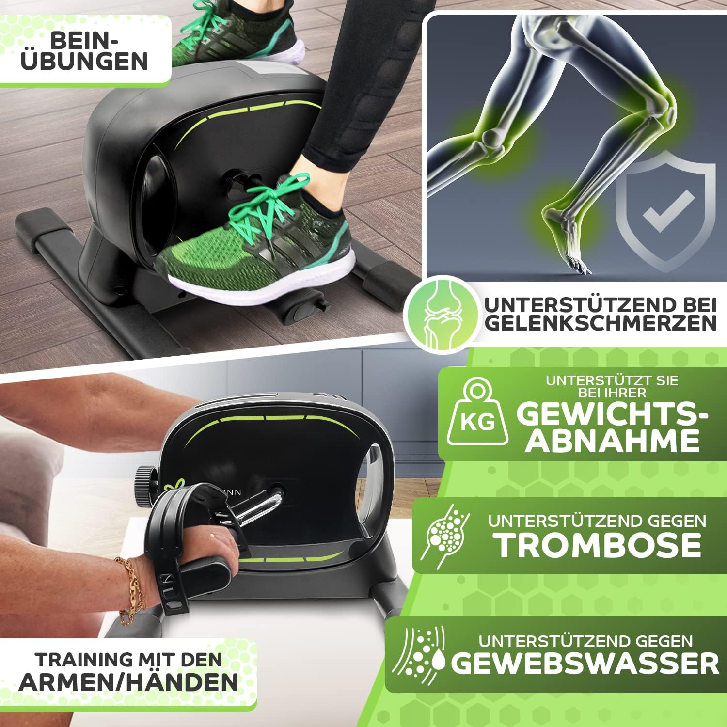 Pedal Trainer Set - Extra stabil & ruhig - Bein Trainer für Senioren / Übungsrad Mini Bike Black Green