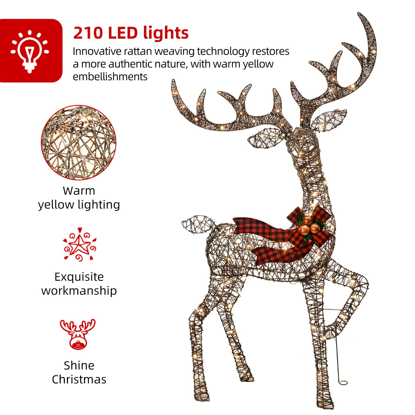 Beleuchtete Weihnachtsdekoration Deer 3 Stücke, Beleuchtete Weihnachtsdekoration Reindeer Familienset für Indoor Outdoor Vorderveranda mit LED, Stecker, Verlängerungskabel, Bodenpfähle, Gold