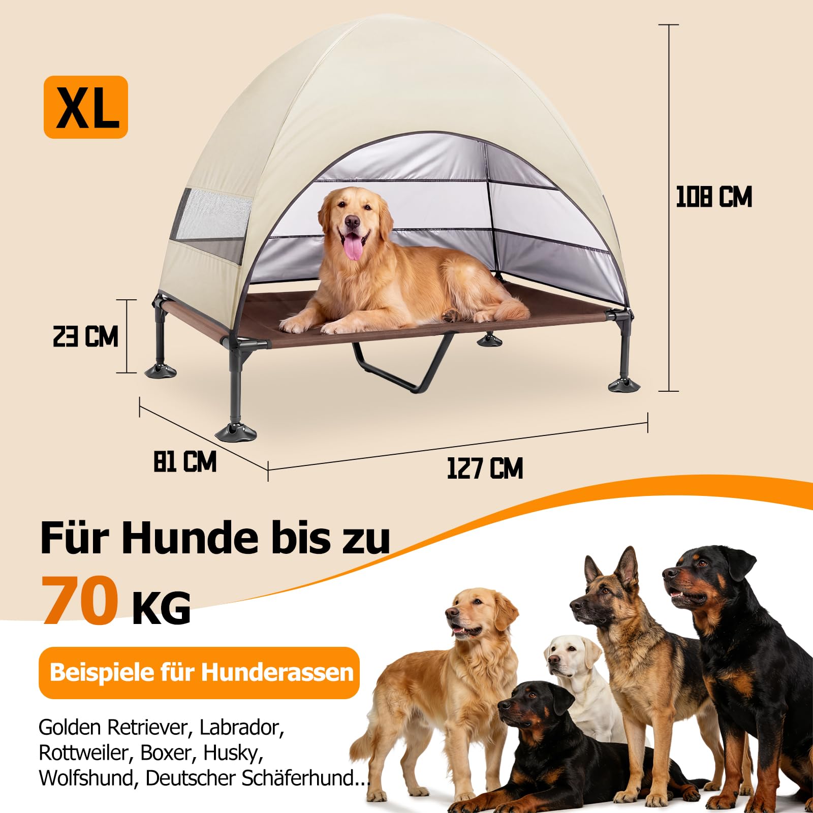 Erhöhtes Hundebett Outdoor mit UV-beständiges Dach，Hundeliege Klappbar mit Anti-Rutsch-Füßen, Hundezelt Outdoor mit Großem Schatten, Kühlendes ErhöHtes Hunde Bett für Camping, Garten & Pool (Grau, L)