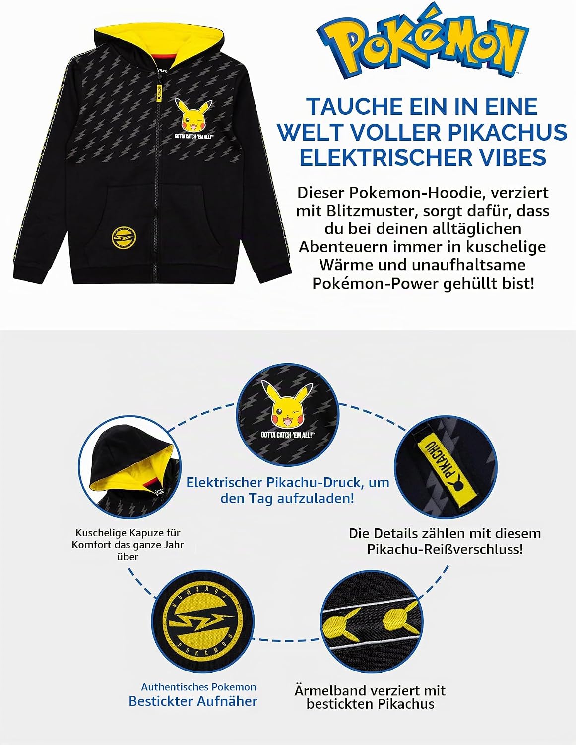Pokémon Pikachu Kapuzenpullover | Pikachu Kapuzenpullover Jungen | Hoodie Für Jungs