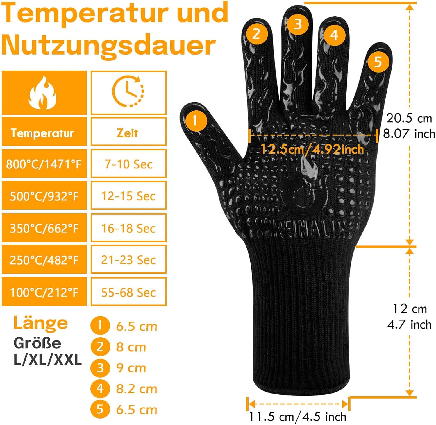 Gants de cuisine Reinalin, résistants à la chaleur jusqu'à 800 °C, gants de four, maniques, gants ignifugés, gants de barbecue, gants de cuisine, gants de pâtisserie (L/XL/XXL, noir) 