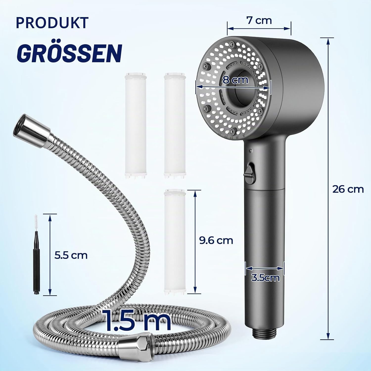 Duschkopf mit Schlauch 1,5 m, 5 Strahlarten und 3 Filtern