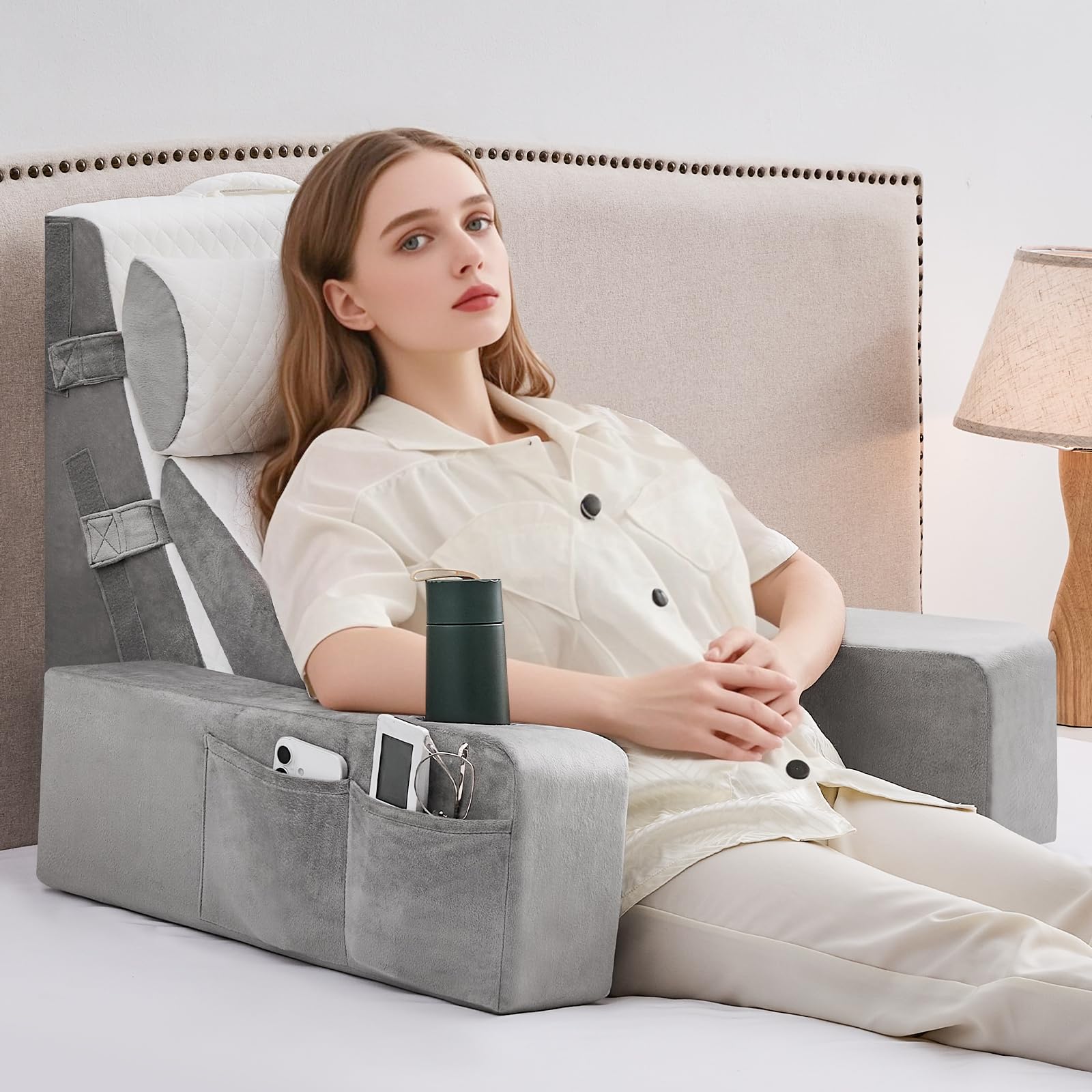 Lesekissen für Bett und Sofa,Bücherkissen mit Abnehmbarer Nackenrolle & Armlehne,Rückenkissen Bett, Wandkissen Multifunktions-Keilkissen zum Lesen, Arbeiten,Bed Wedge Pillow