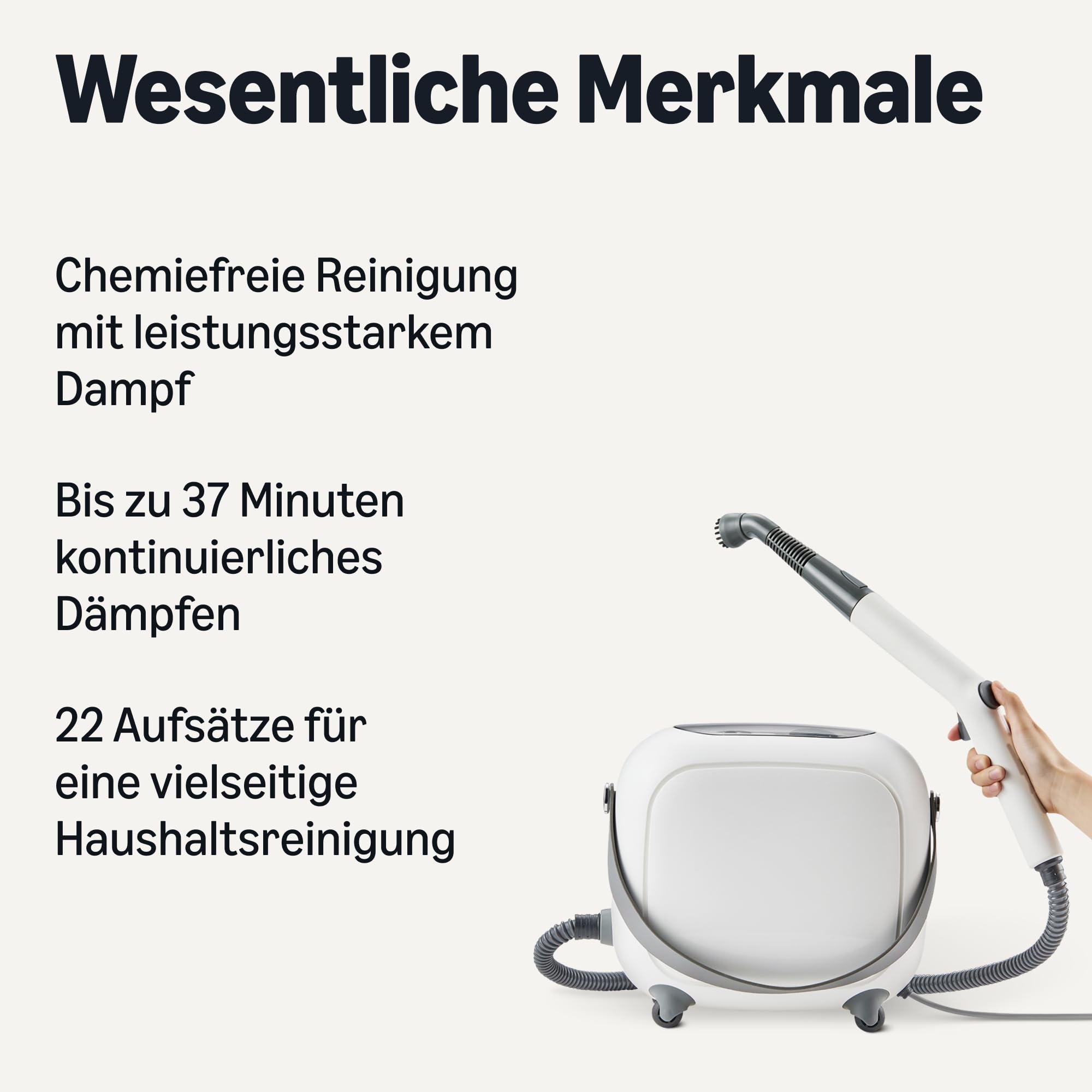 Handdampfreiniger, 1000W, 250-ml-Tank, 9 Zubehörteile, 3,6-m-Kabel, für Bad, Küche, Auto, Weiß