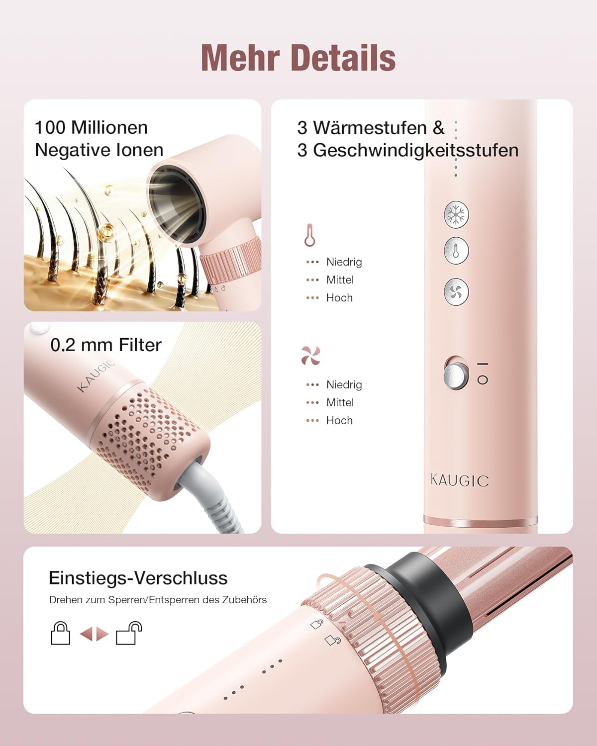 6-in-1 Hairstyler, Airstyler, Lockenstab, 110000 U/Min Hochgeschwindigkeit Lonen Föhn Locken oder Glätten, Föhnbürste Warmluftbürste Rundbürstenföhn Lockenföhn Haartrockner- Rosa