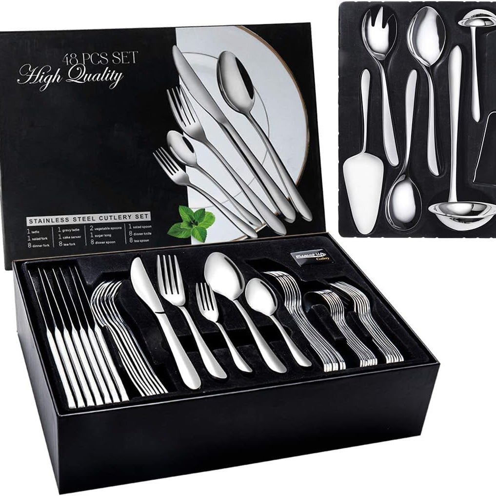 48-teiliges Besteckset, Edelstahl Besteckset für 8 Personen mit Besteck-Servierset 10-teilig bestehend aus Messer, Gabel, Löffel, Besteckheber, Edelstahl poliert, glänzend, Spülmaschine