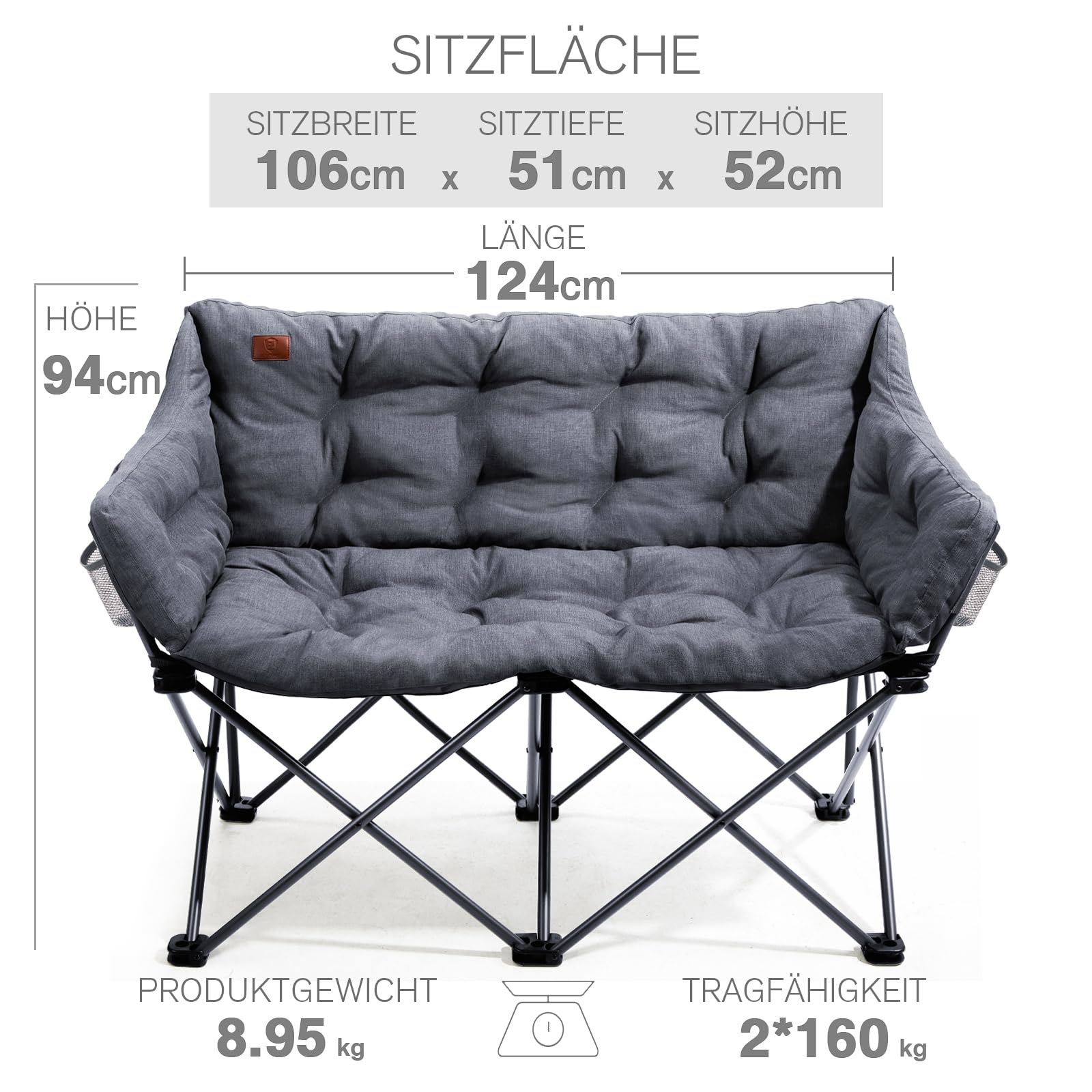 Campingstuhl Faltbar 124CM Breit Campingsofa für 2 Personen Faltsofa 320KG Belastbar, Campingcouch Dick Gepolstert Klappstuhl XXL 2 Sitzer Hohe Lehne für Outdoor Garten Balkon Indoor