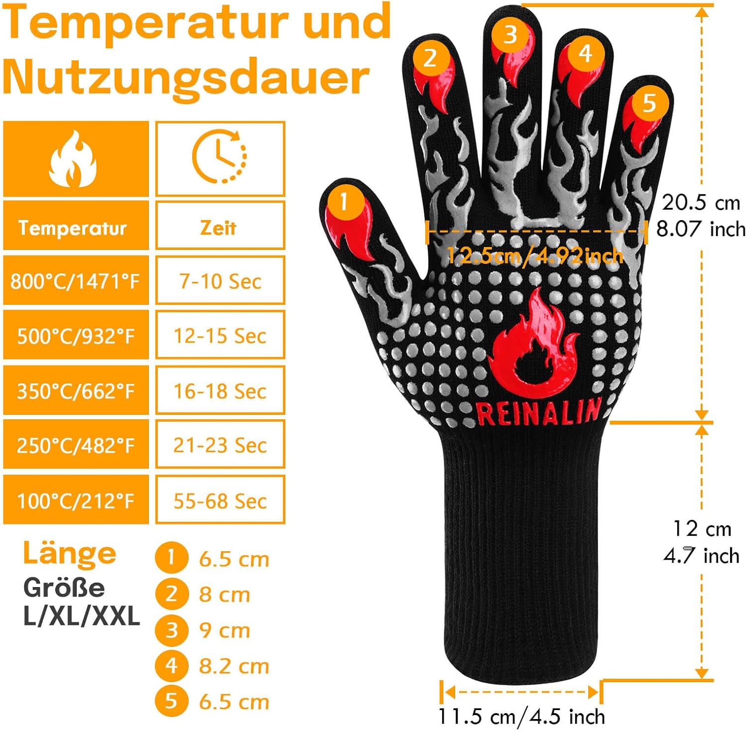 Gants de cuisine Reinalin, résistants à la chaleur jusqu'à 800 °C, gants de four, maniques, gants ignifugés, gants de barbecue, gants de cuisine, gants de pâtisserie (L/XL/XXL, noir) 