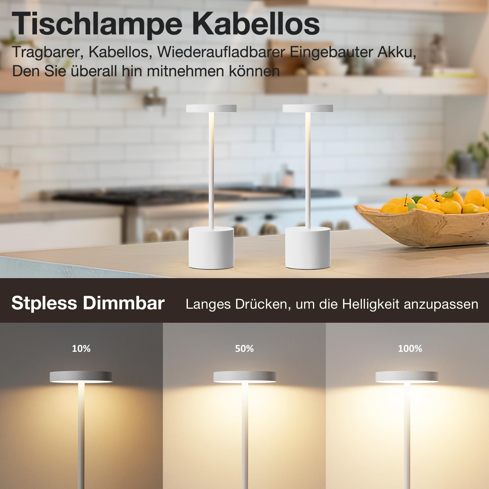 Tischlampe Batterie, LED Tischlampe Wireless, Tischlampe Wireless Batterie mit 3 Farbtemperaturen, Touch Nachttischlampe Dimmbar, kontinuierlich dimmbar für Schlafzimmer