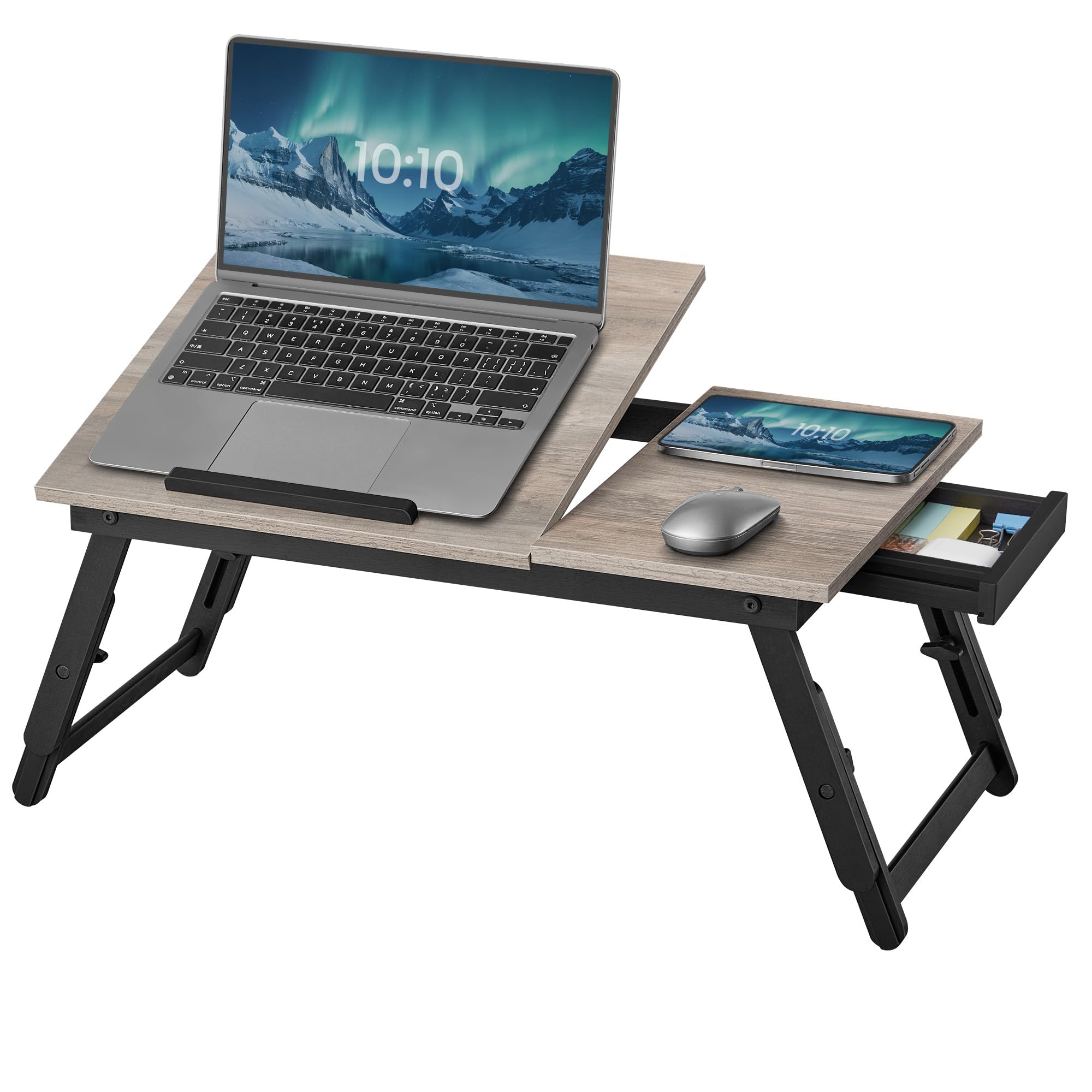 Laptoptisch für Bett, Laptopständer, Winkel- und höhenverstellbar, klappbare Beine, für Laptops bis 15,6 Zoll, Arbeiten, Lesen, Bambusbeine, Schublade, 55,5 x 34,9 cm, vintagebraun LLD105B01