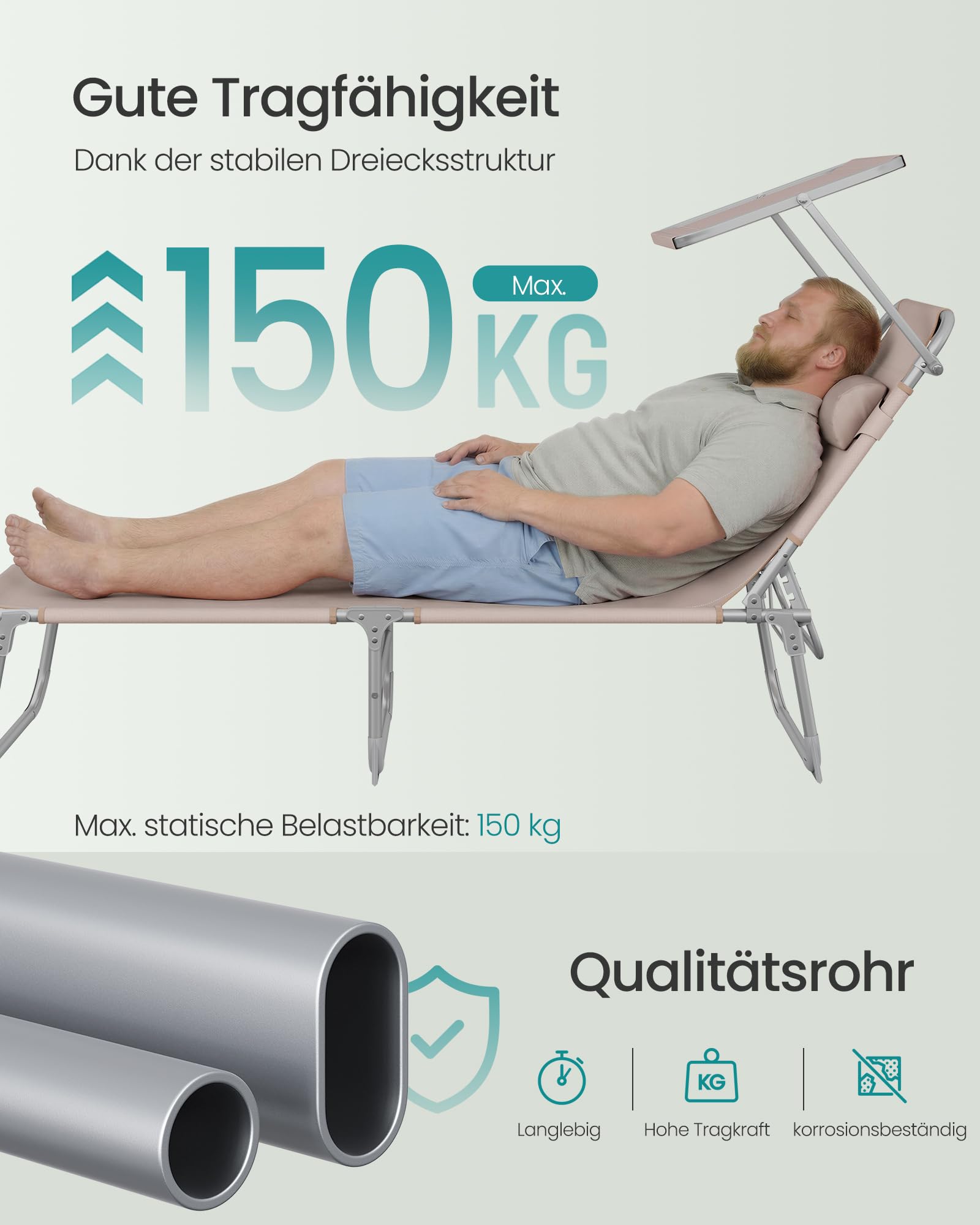 Sonnenliege, klappbarer Liegestuhl, 193 x 53 x 29 cm, trägt bis zu 150 kg, Sonnenschutz, Kopfkissen, verstellbare Rückenlehne, für Garten, Pool, Terrasse