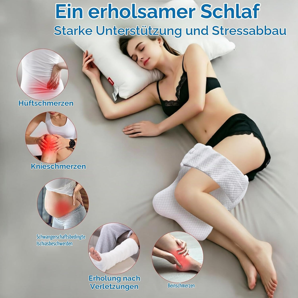 Kniekissen Seitenschläfer, Memory Foam Beinkissen m. Riemen, Ergonomisch