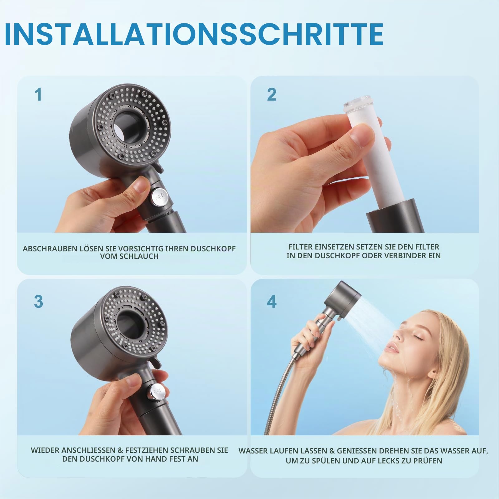 Duschkopf mit Schlauch 1,5 m, 5 Strahlarten und 3 Filtern