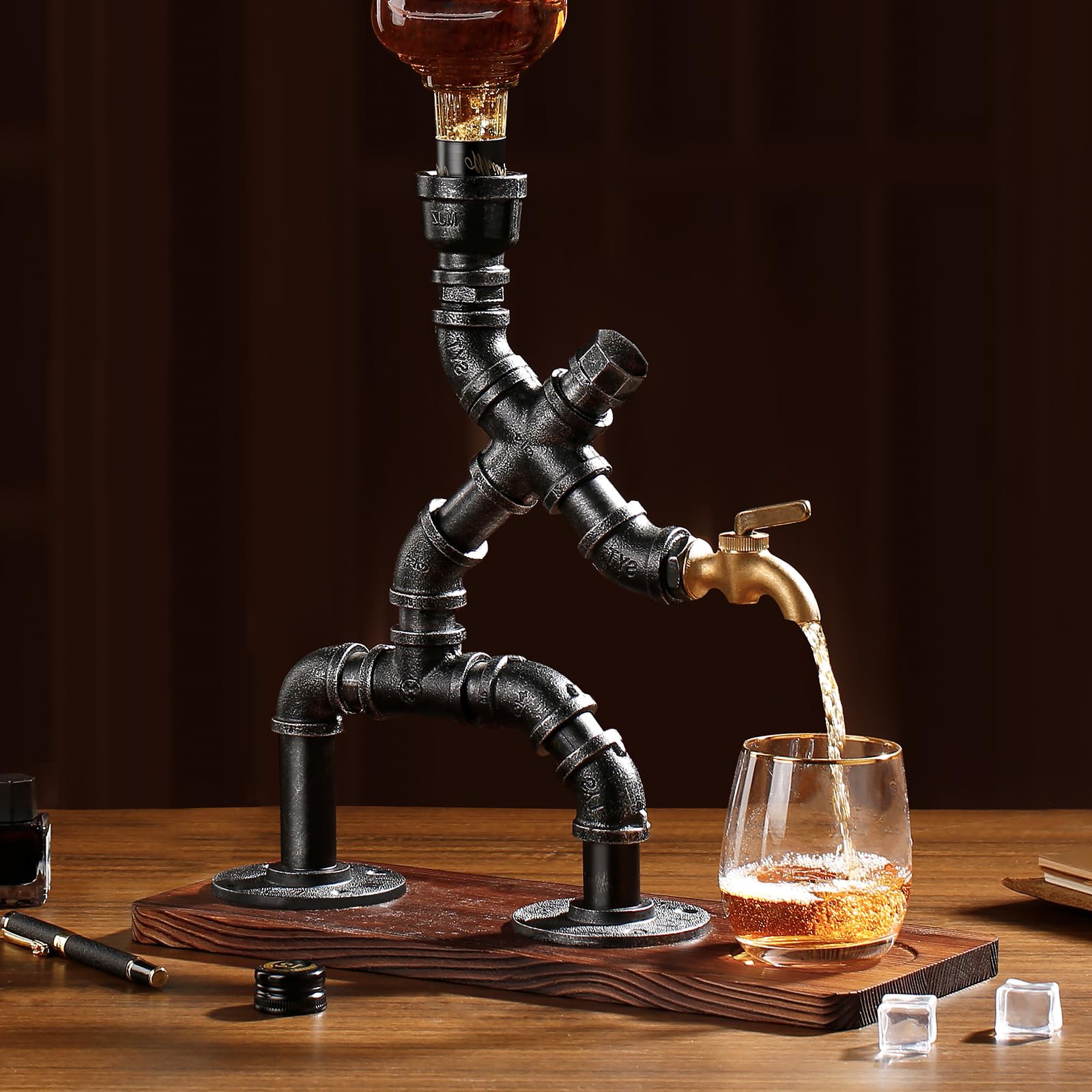 Whiskyspender Silber mit flambiertem Holz – Steampunk Getränkespender aus Metall mit Silikonschlauch – Geschenkidee für Männer & Bar Deko