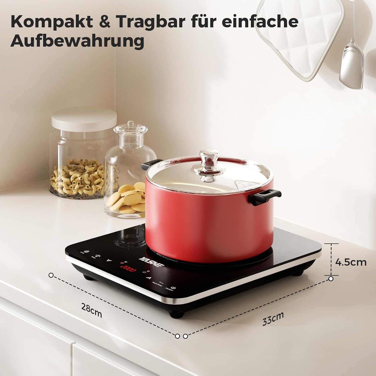 Induktionskochfeld – Einzel Induktionskochplatte, 10-Leistungseinstellung und 10-Temperaturstufen, 2000W Induktionskochfeld 1 Platte, 4-Stunden-Timer, Sicherheitsschloss, Mobil