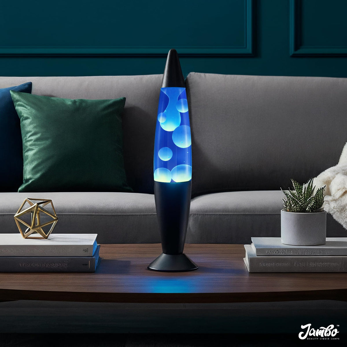 Jambo Liquid-Motion-Lampe mit schwarzem Sockel (Black Base, Purple Liquid, White Wax, 16")