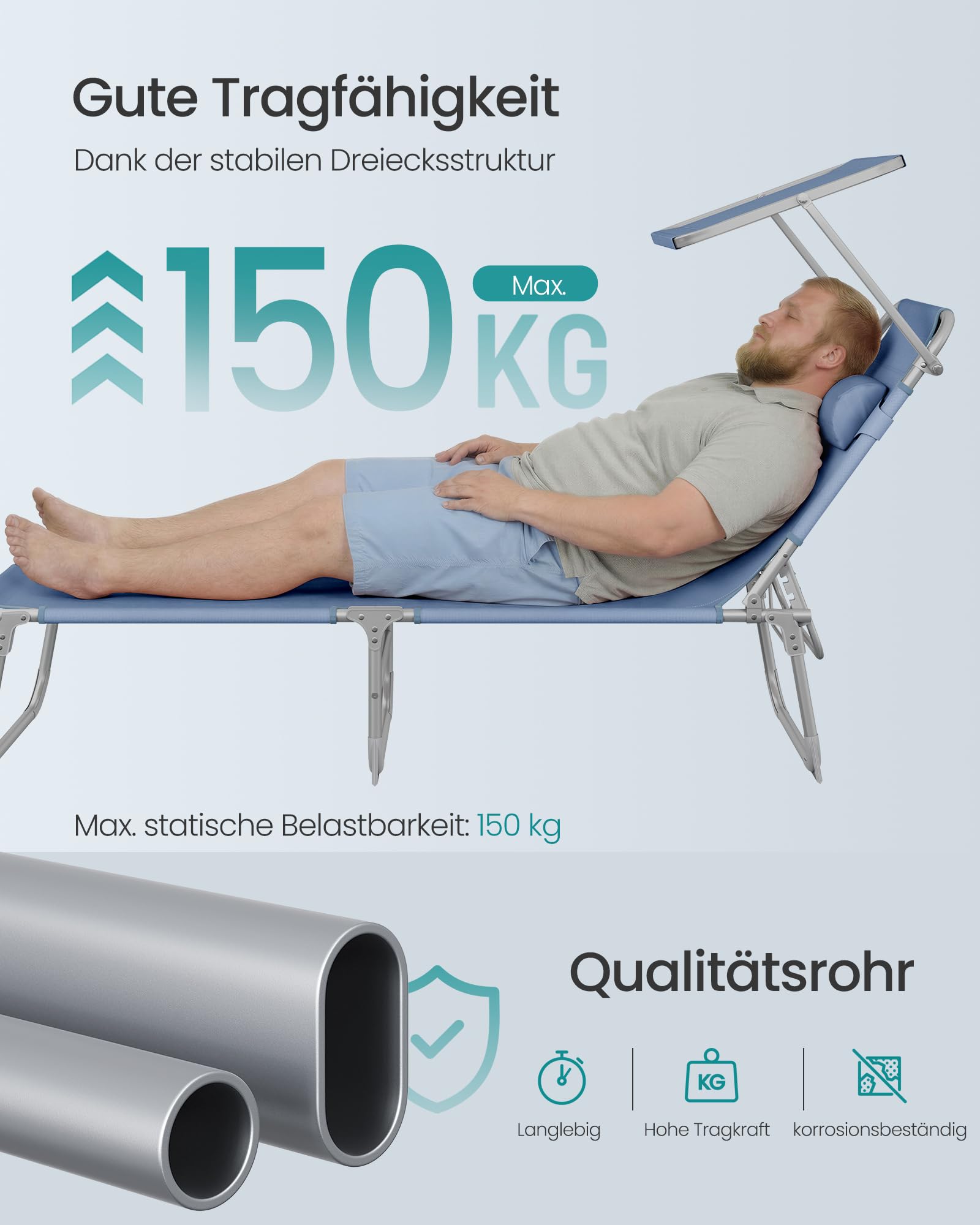 Sonnenliege, klappbarer Liegestuhl, 193 x 53 x 29 cm, trägt bis zu 150 kg, Sonnenschutz, Kopfkissen, verstellbare Rückenlehne, für Garten, Pool, Terrasse