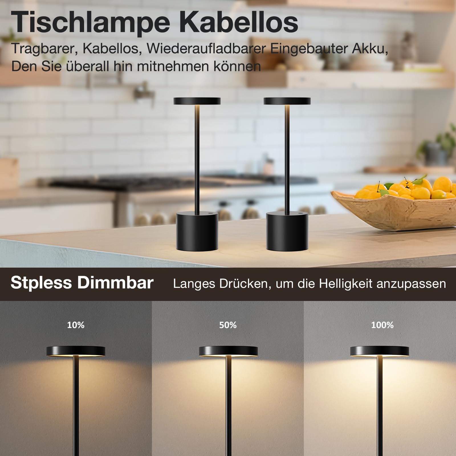 Tischlampe Batterie, LED Tischlampe Wireless, Tischlampe Wireless Batterie mit 3 Farbtemperaturen, Touch Nachttischlampe Dimmbar, kontinuierlich dimmbar für Schlafzimmer
