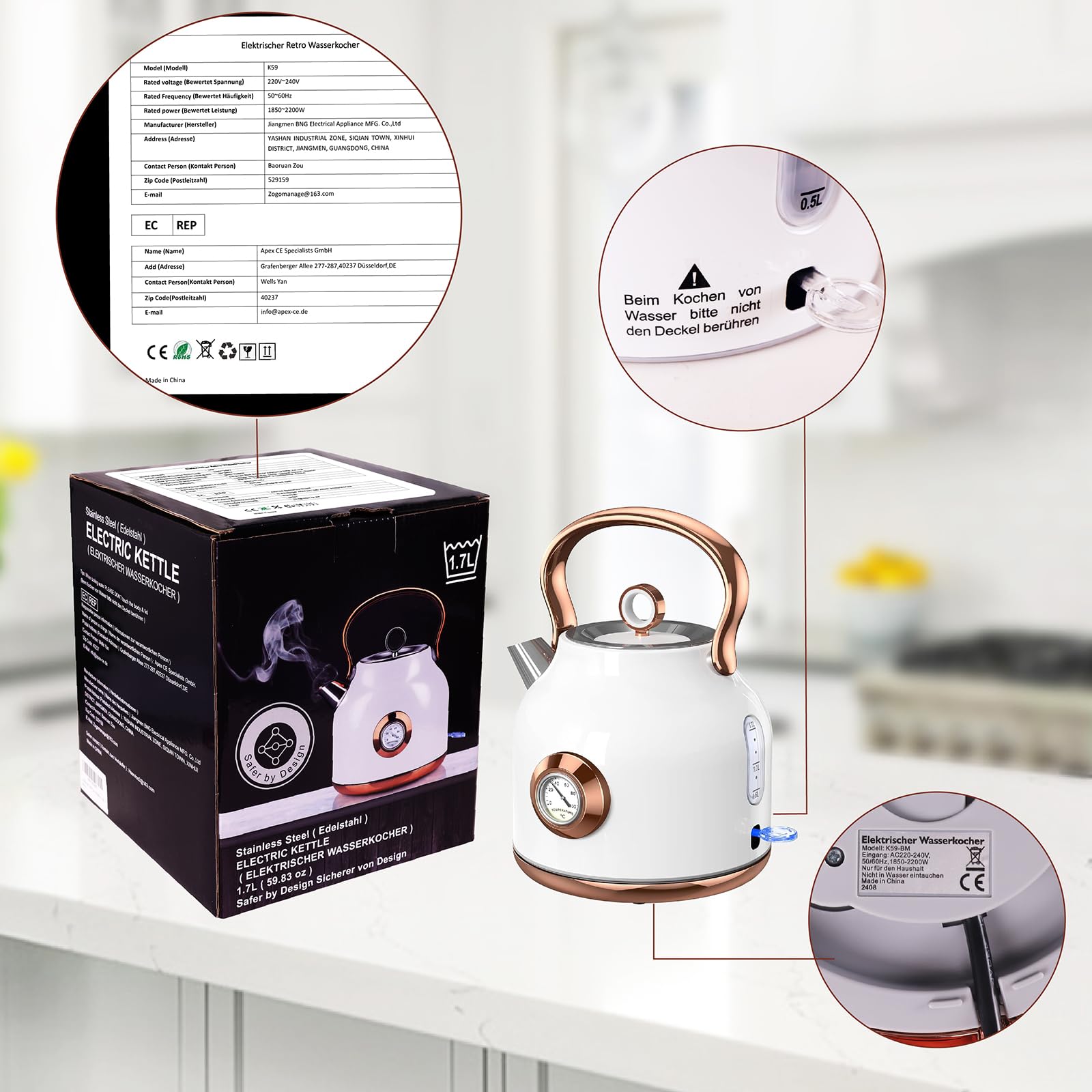 Retro Wasserkocher, 1,7 Liter Edelstahl Teekessel mit grosser Temperaturanzeige, 2200 W Schnellerhitzung Heisswasserkessel mit LED-Anzeige, Schwarz oder Weiss