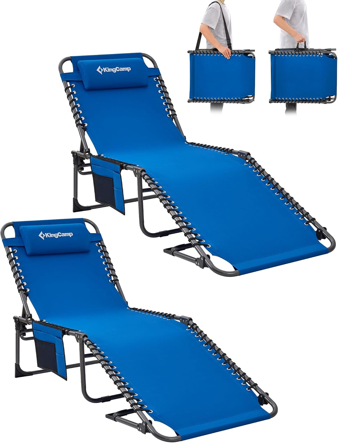 Sonnenliege Klappbar 5-Verstellbare, bis 180 kg, 2er Set, Blau | Gartenliege Klappbar, mit Kopfstütze & Seitentasche, Sonnenliege Wetterfest, Strandliege für Garten Terrasse Pool Camping
