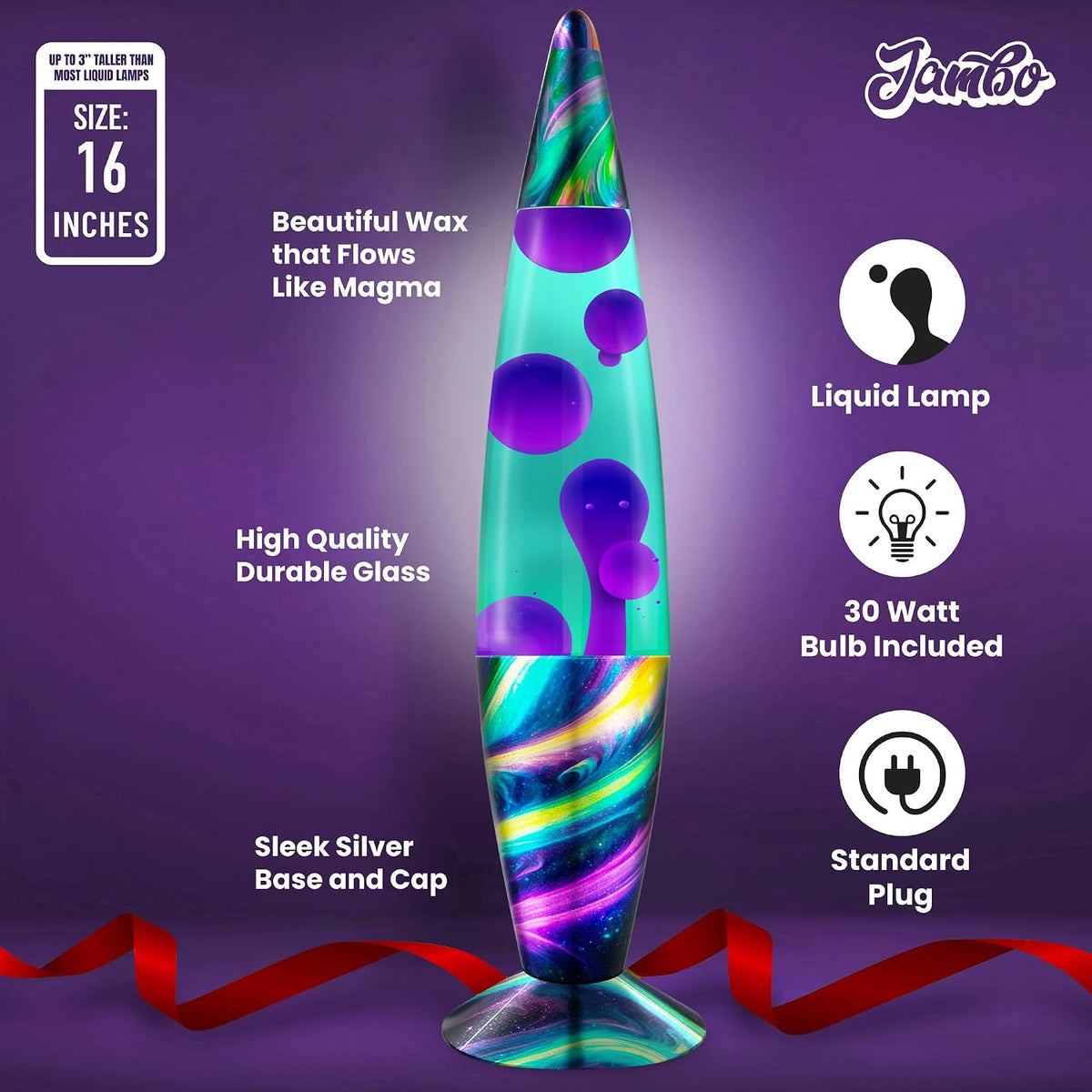 Jambo 16" Wunderschöne Lampe – Blaugrün mit violettem Wachs – Neon-Dämmerung, entspannendes flüssiges Licht, Nachtlicht, Heimdekoration, Wohnzimmer, Büro, Schlafzimmer, Teenager, Kinder, Magma Motion