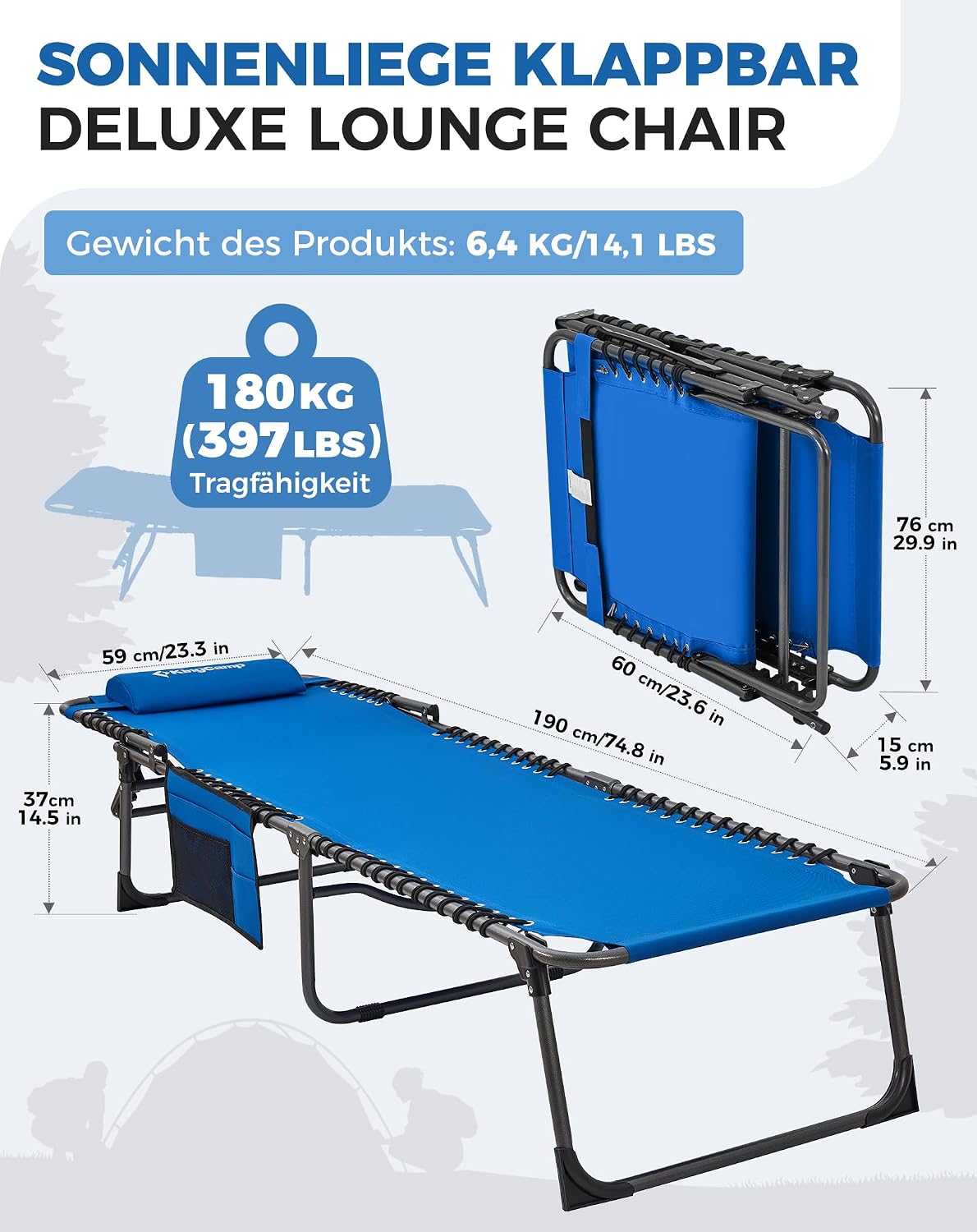 Sonnenliege Klappbar 5-Verstellbare, bis 180 kg, 2er Set, Blau | Gartenliege Klappbar, mit Kopfstütze & Seitentasche, Sonnenliege Wetterfest, Strandliege für Garten Terrasse Pool Camping