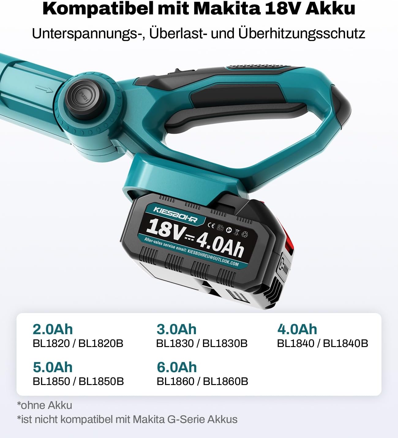 Akku Teleskop-Heckenschere kompatibel mit Makita 18V-Akkus,45 cm Schnittbreite,16 mm Zinkenabstand, 2,95 m Reichweite, 5-Fach Verstellbarer Schneidkopf & 6-Stufen Griff
