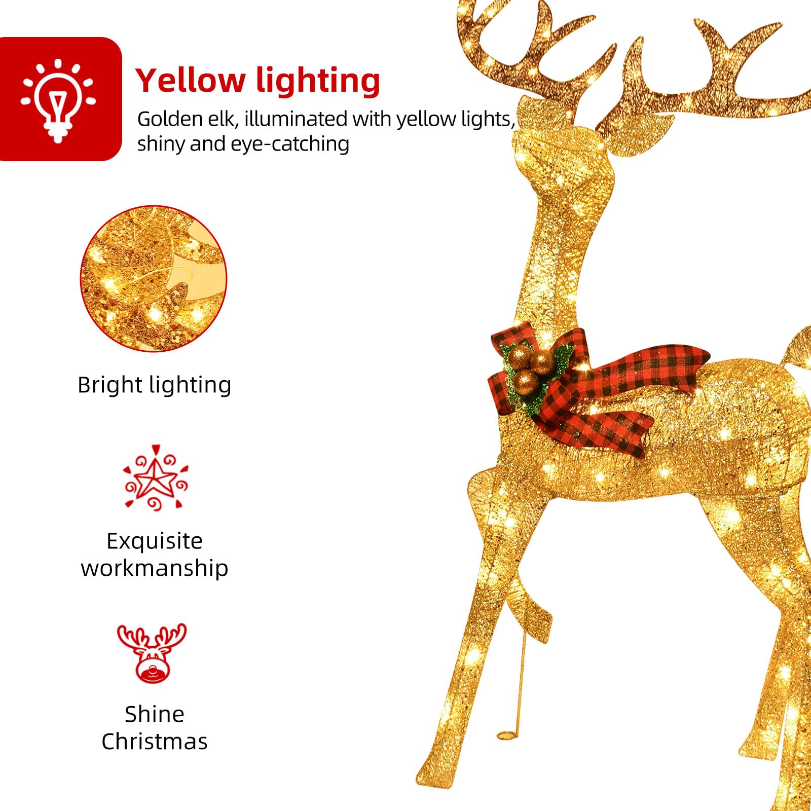 Beleuchtete Weihnachtsdekoration Deer 3 Stücke, Beleuchtete Weihnachtsdekoration Reindeer Familienset für Indoor Outdoor Vorderveranda mit LED, Stecker, Verlängerungskabel, Bodenpfähle, Gold