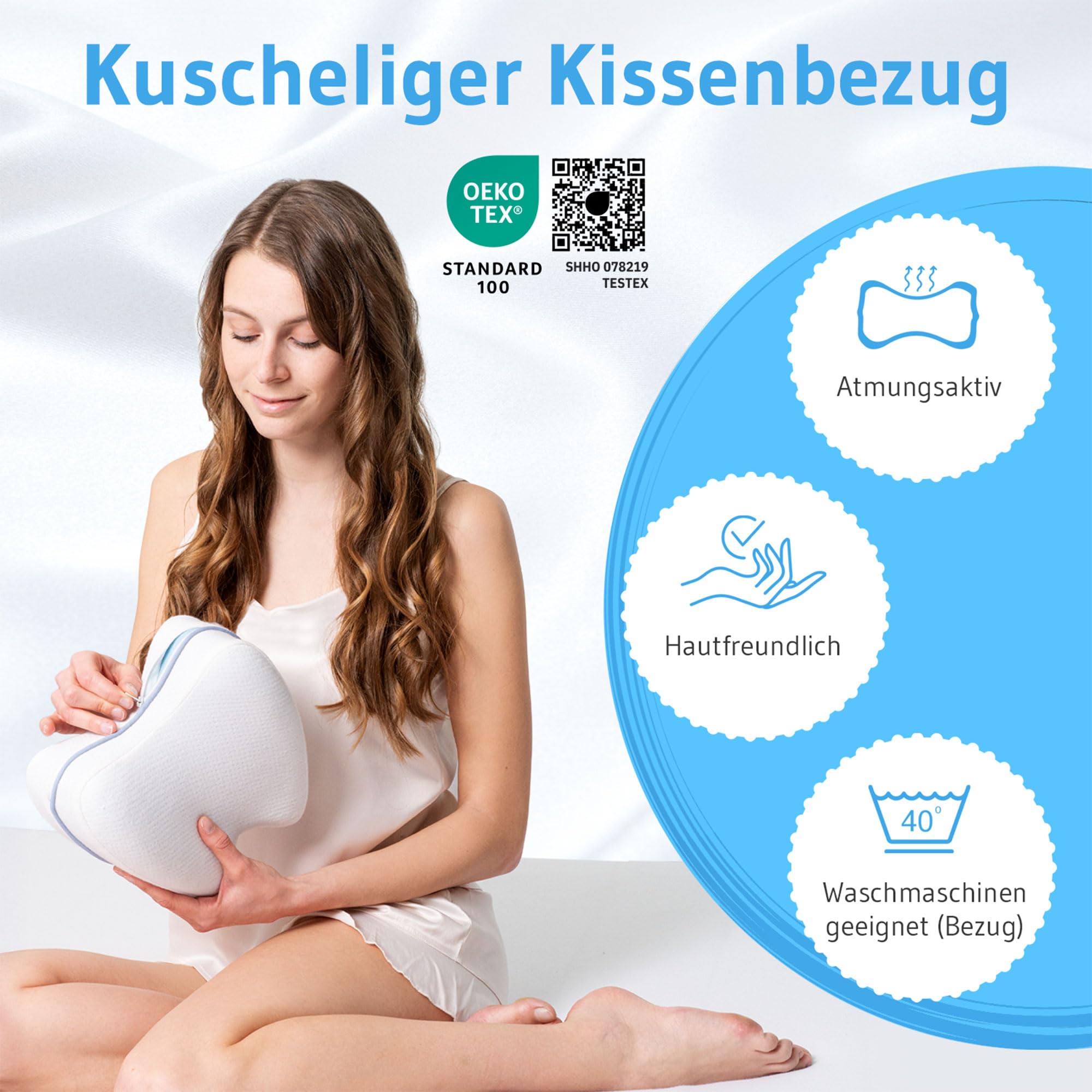Kniekissen für Seitenschläfer, Orthopädisches Bein-Kissen für eine optimale Schlafhaltung, Ergonomisches Lagerungskissen aus viscoelastischem Memory Schaum, atmungsaktiver & waschbarer Bezug 23,5x9,5
