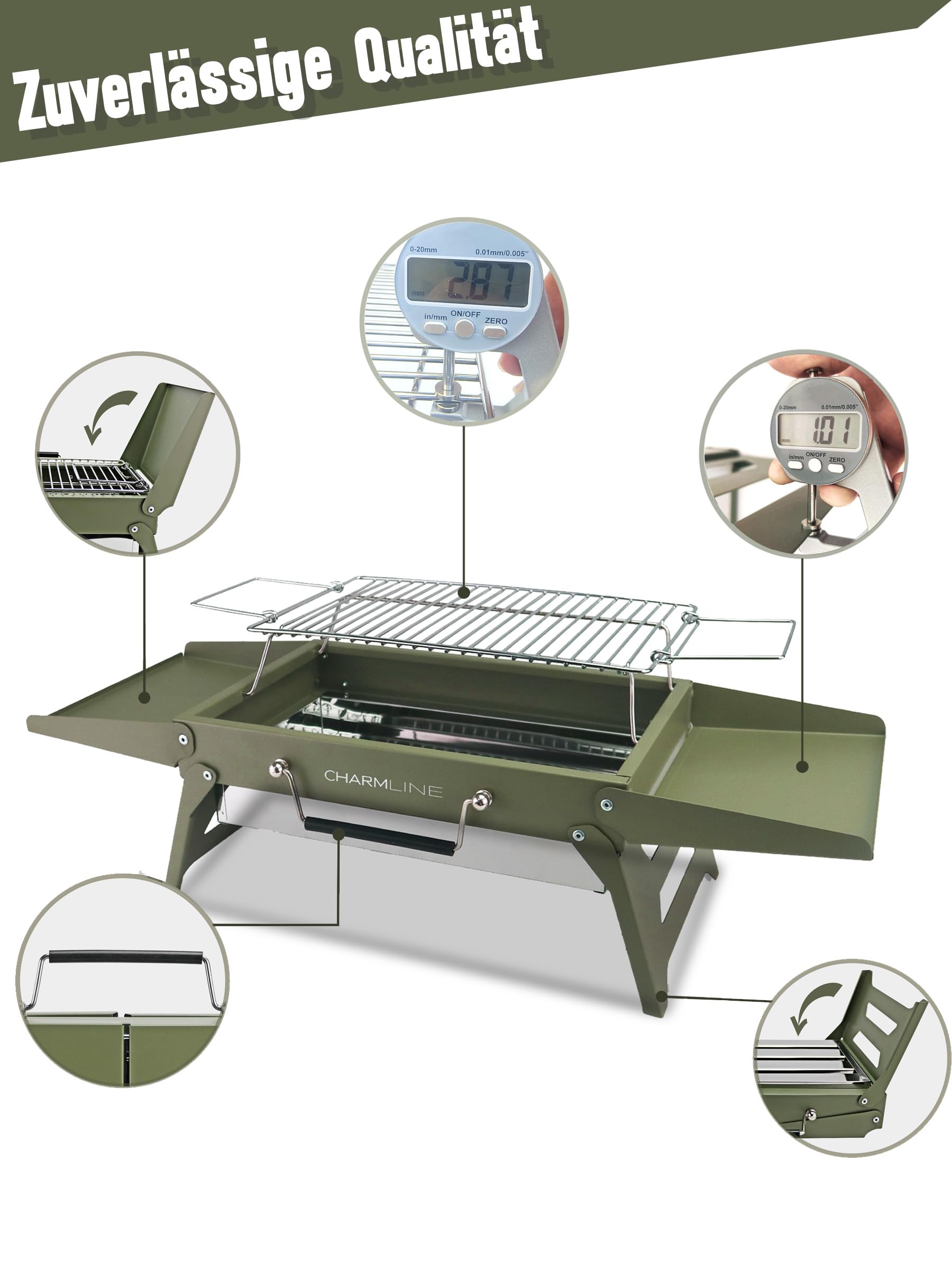 Tragbarer Holzkohlegrill, Klappbarer Campinggrill 35 x 23 cm für 1–3 Personen, Mini BBQ Grill für Balkon, Garten, Camping, Picknick und Strand
