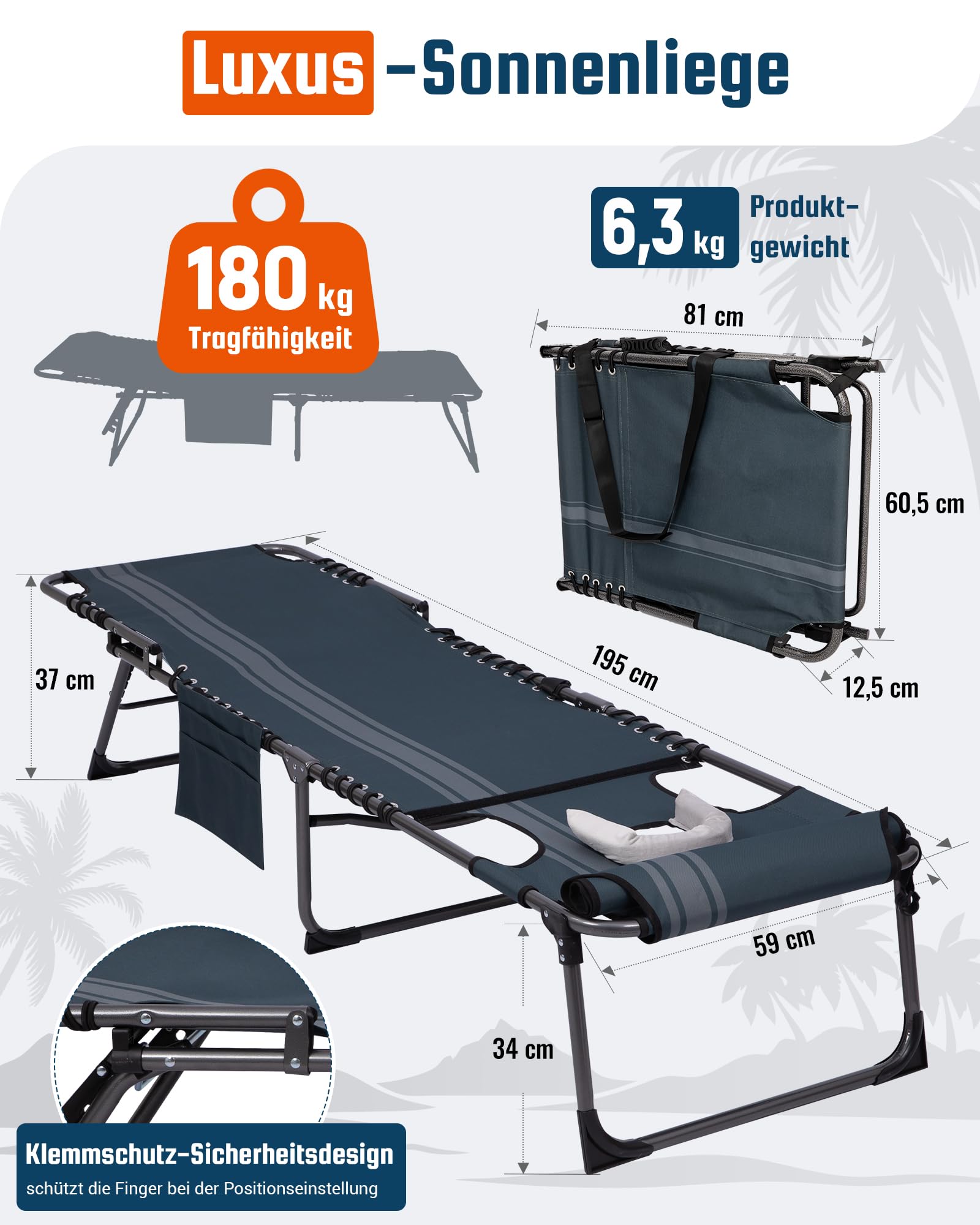 Sonnenliege Klappbar 5-Verstellbare, bis 180 kg, 2er Set, Blau | Gartenliege Klappbar, mit Kopfstütze & Seitentasche, Sonnenliege Wetterfest, Strandliege für Garten Terrasse Pool Camping