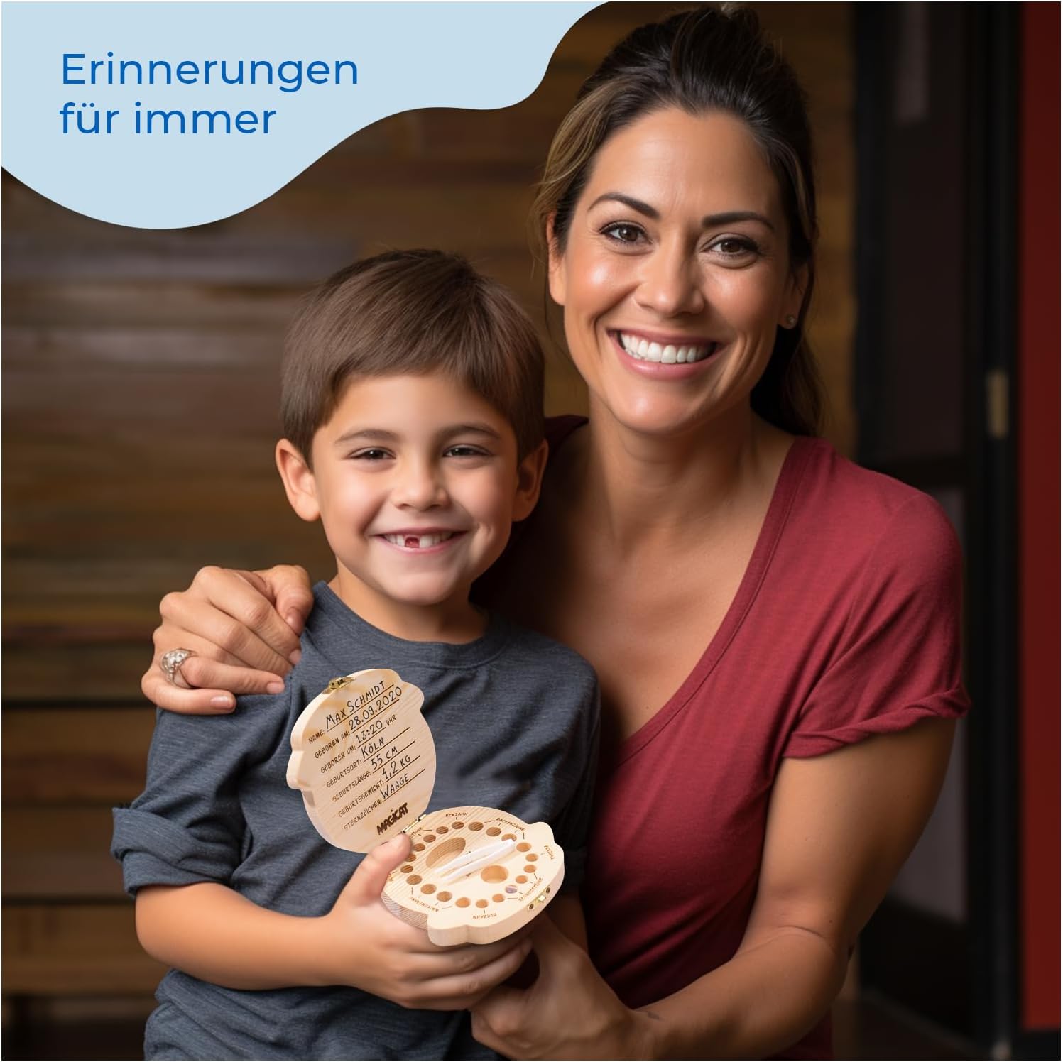 Milchzahndose Jungen, Zahndose aus Holz, Dose zur Aufbewahrung von Milchzähnen, Baby Milchzähne Box als Geschenk zum Geburtstag oder Taufe, inkl. Pinzette und Zahnfee Geschichte