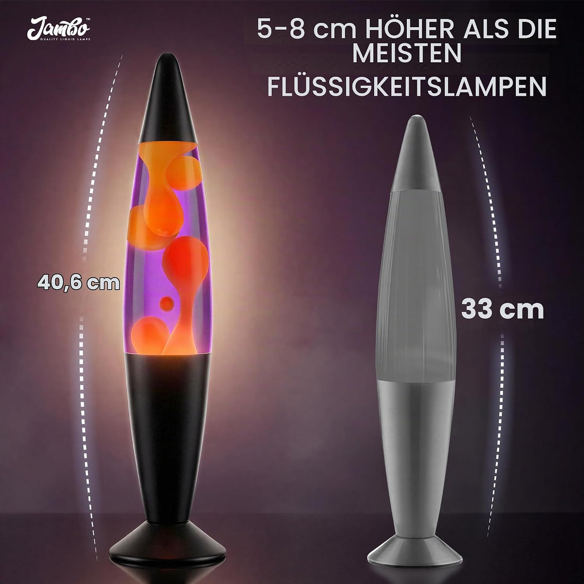 Jambo Liquid-Motion-Lampe mit schwarzem Sockel (Black Base, Purple Liquid, Yellow Wax, 16")