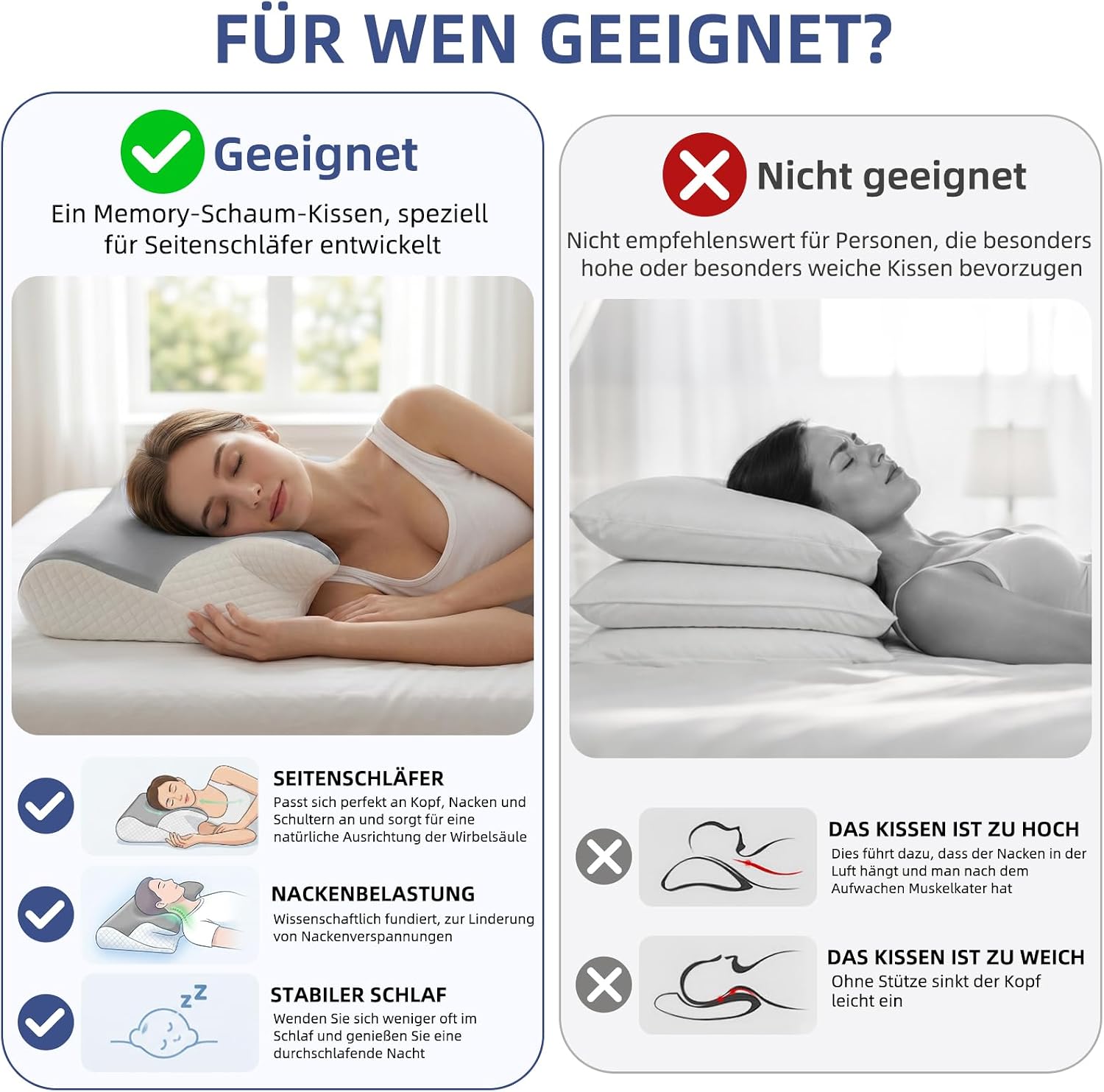 Ergonomisches Nackenstützkissen, 2 in 1 Kopfkissen aus Memory-Schaum