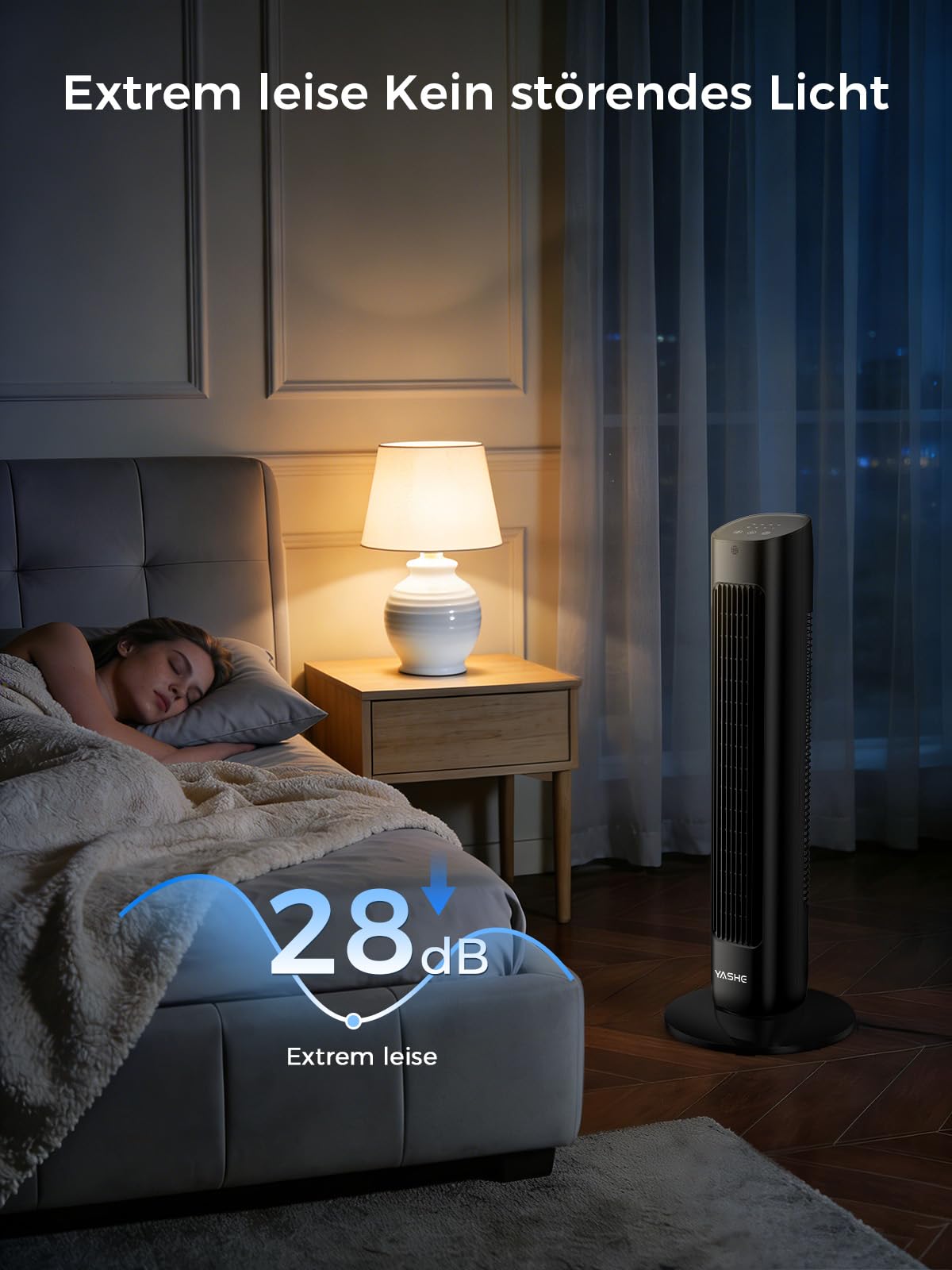 Turmventilator mit Fernbedienung, 85°-Oszillation, leiser Standventilator (28 dB), 3 Geschwindigkeitsstufen, 2 Modi, 12-Stunden-Timer, LED-Anzeige, für Schlafzimmer, Büro und Zuhause