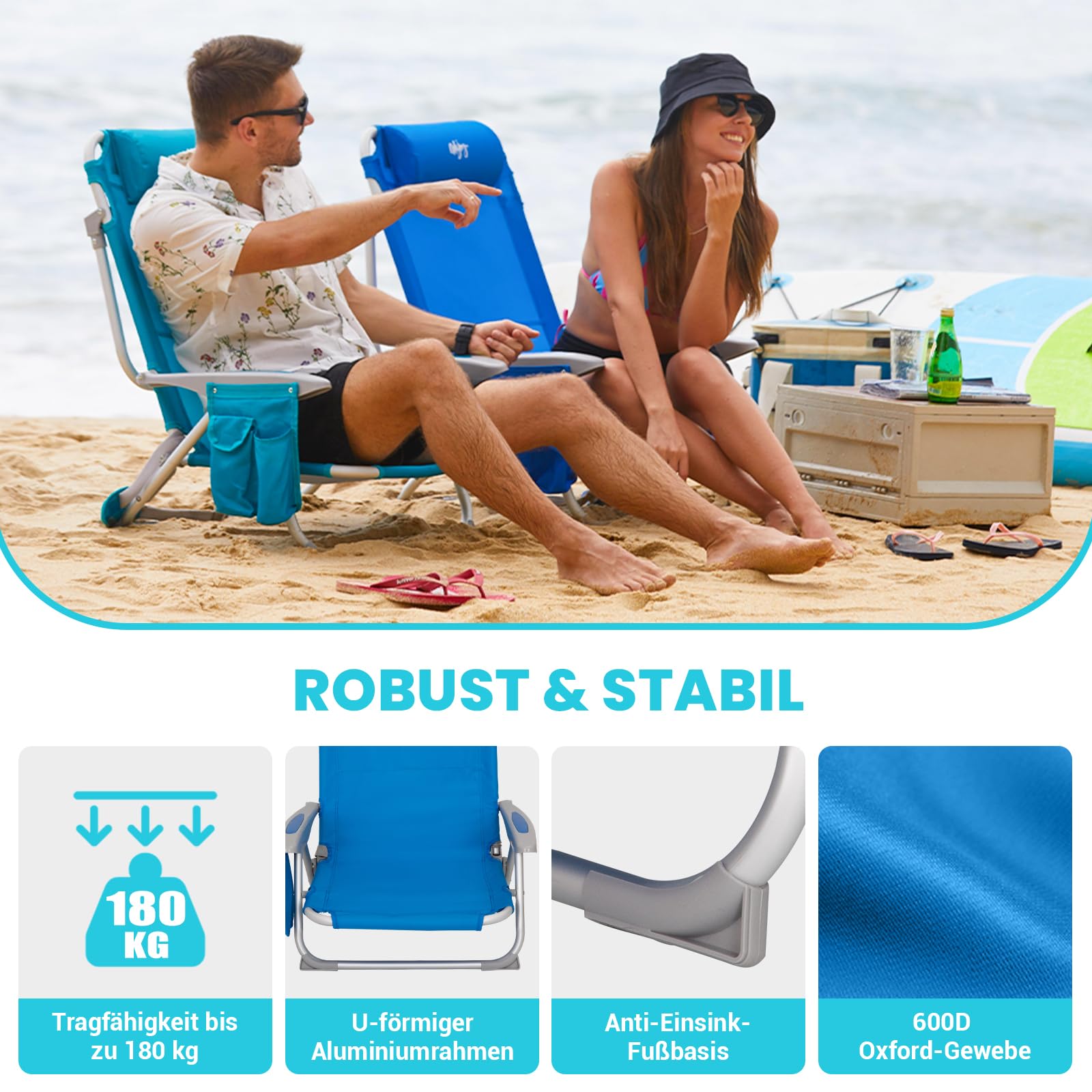 Strandstuhl klappbar Alu Hochlehner Klappstuhl 4 Position Leicht tragbar stabiler Campingstuhl