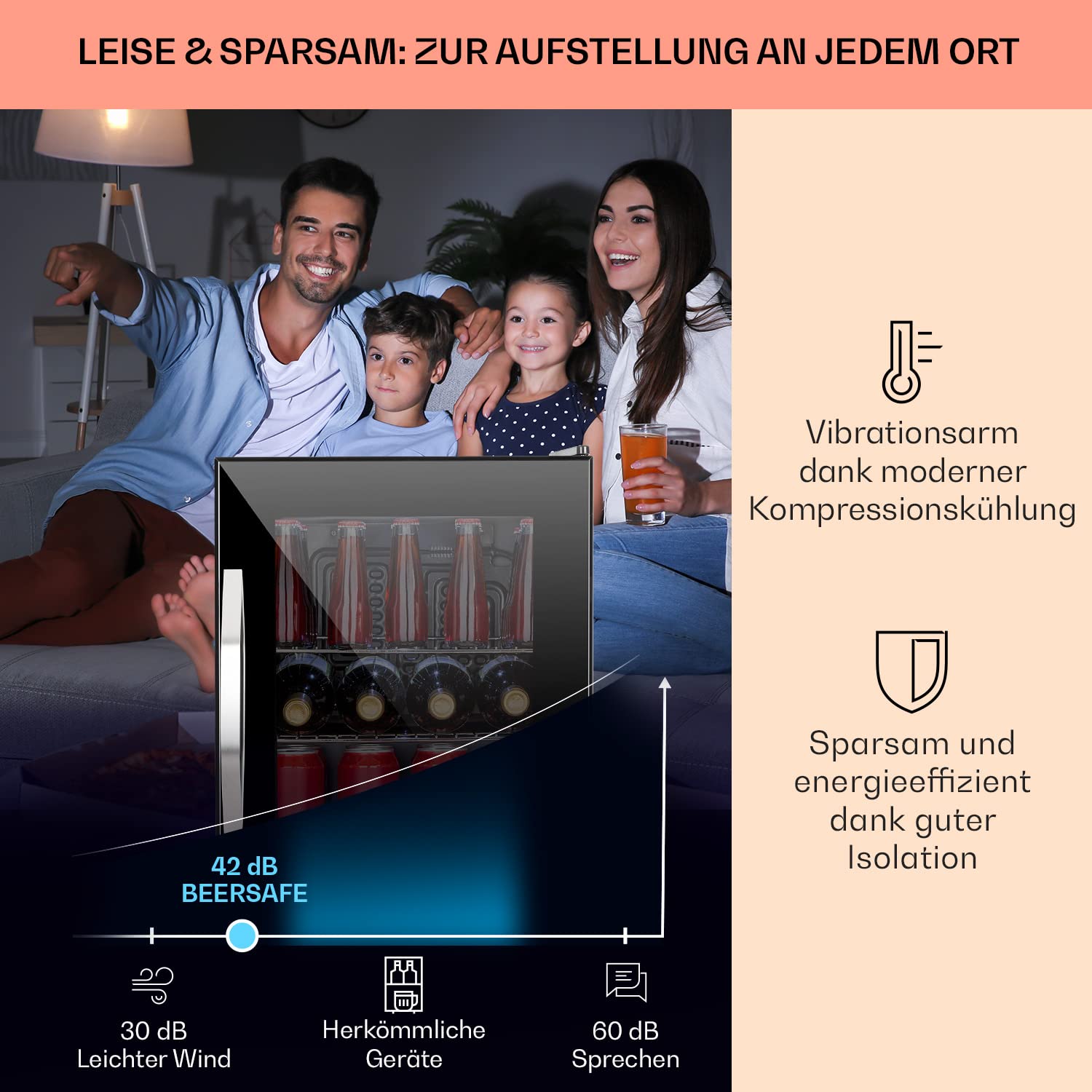 Getränkekühlschrank 33 L – Mini Kühlschrank mit Glastür, Silber-Schwarz | LED-Beleuchtung, herausnehmbare Metallablagen, leise, Flaschenkühlschrank für Getränke & Dosen