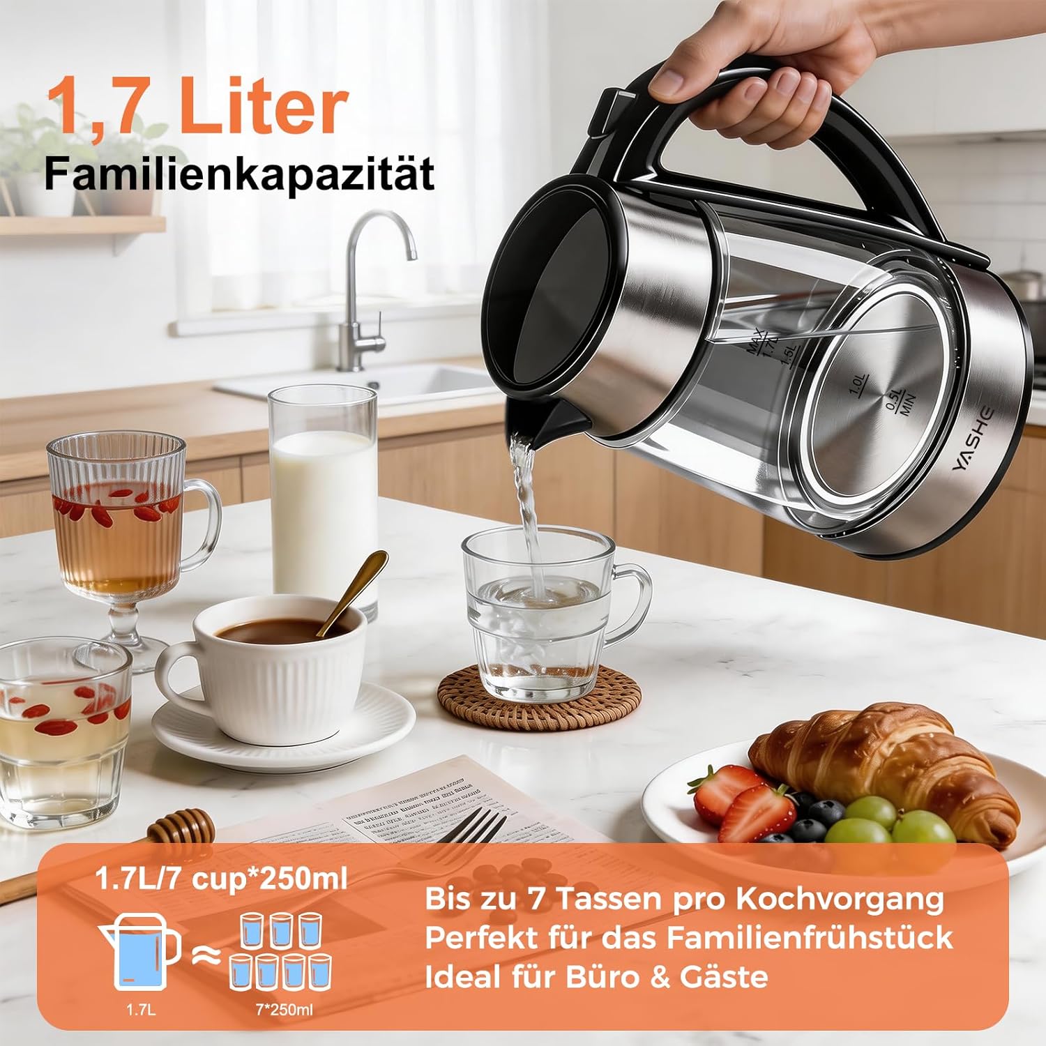 Wasserkocher mit Temperatureinstellung 1,7L 2200W Glas | 5 Temperaturstufen, 5 Farben LED, 30 Min Warmhaltefunktion, Kabellos, Kalkfilter, Abschaltautomatik