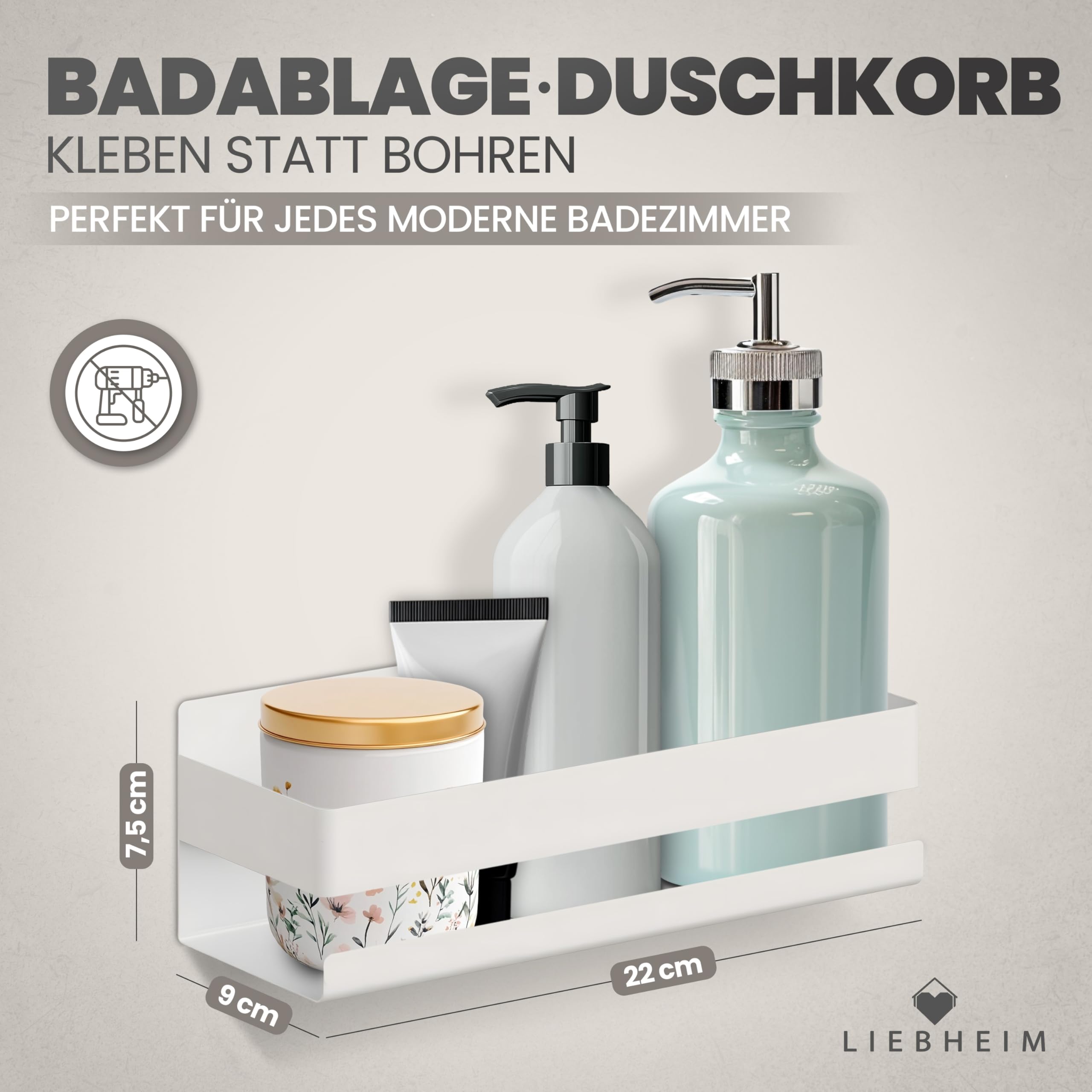 Duschablage Ohne Bohren - Badregal - Duschkorb - Bad Organizer | Massiv - silber gebürstet - 22 cm x 9 cm - 2 Klebevarianten für Nass- und Trockenbereich