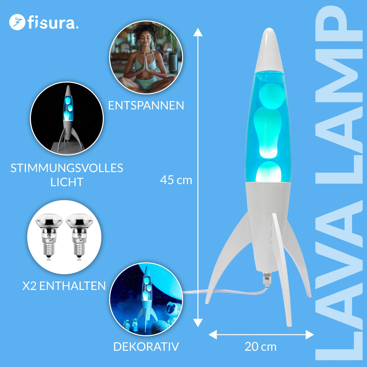 Lavalampe "Rocket" - Retro-Lavalampe mit Ersatzbirne, ideal für Wohnzimmer, Schlafzimmer und Büro. Maße: 20 x 20 x 45 cm.