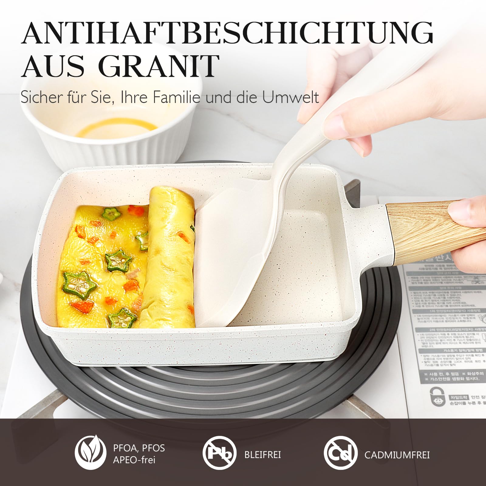 Spiegeleipfanne, 3-Loch Omlettenpfanne, Granit-Antihaftbeschichtung, PFOS/PFOA-Frei Eierpfanne für Gebratenes Frühstück/Eier/Wurst/Speck, Weiß