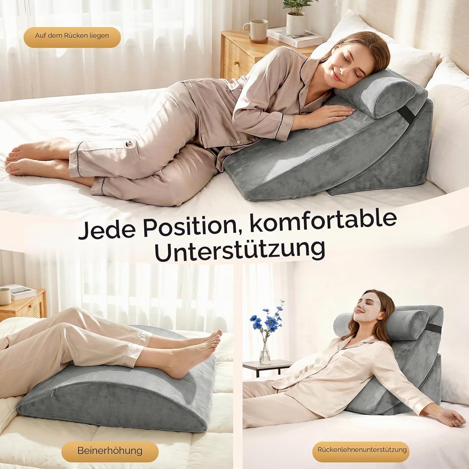 4-teiliges Keilkissen-Set aus Memory-Schaumstoff, Höhenverstellbare Schlaf- und Lesekissen für Sofa und Bett, Waschbare Bezüge in Grau