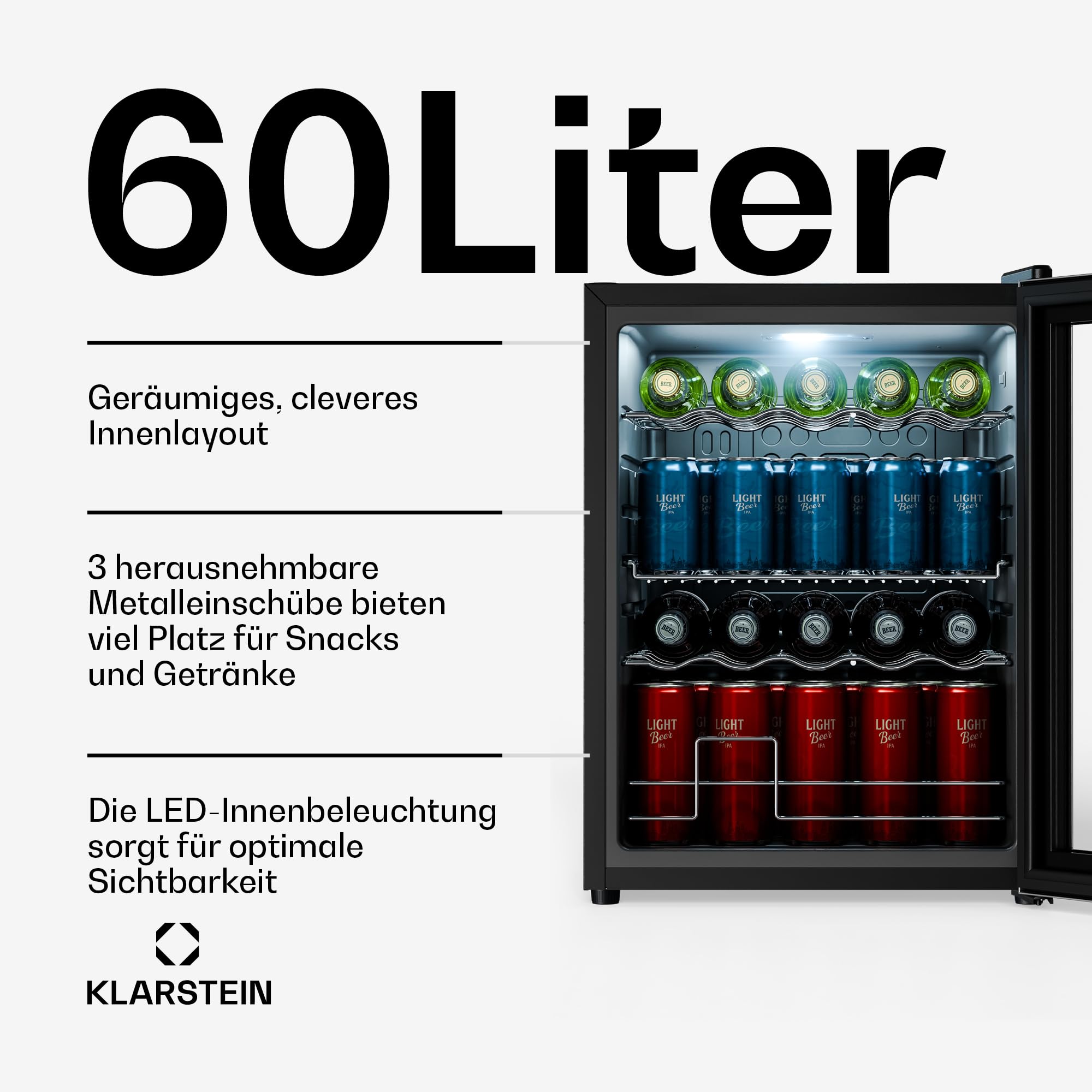 Beersafe Getränkekühlschrank 60 L – Mini Kühlschrank mit Glastür, Kupfer | LED-Beleuchtung, herausnehmbare Metallablagen, leise, Flaschenkühlschrank für Getränke & Dosen