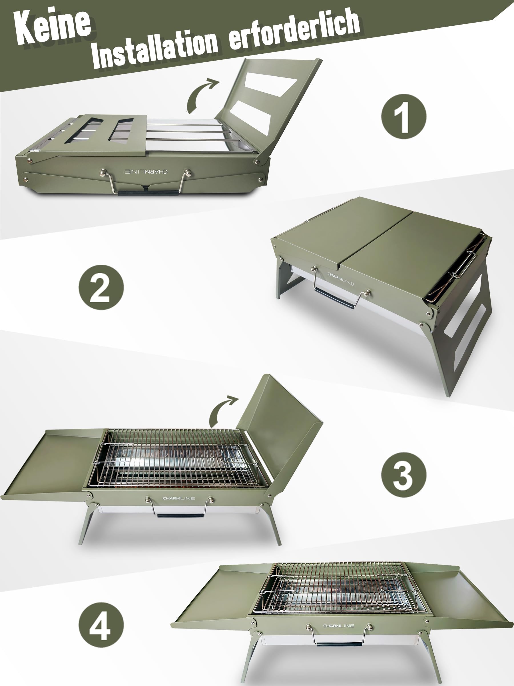 Tragbarer Holzkohlegrill, Klappbarer Campinggrill 35 x 23 cm für 1–3 Personen, Mini BBQ Grill für Balkon, Garten, Camping, Picknick und Strand
