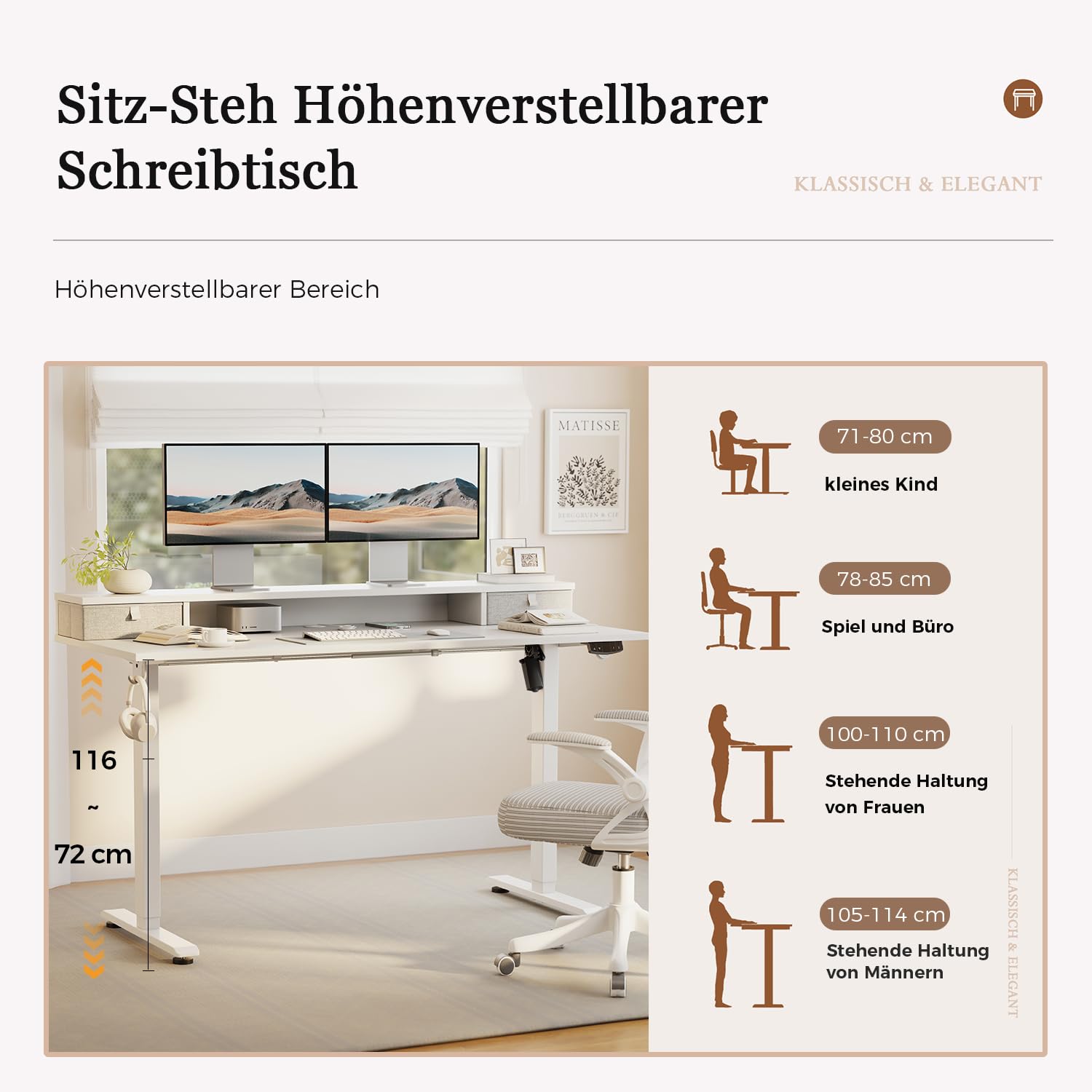 Höhenverstellbarer Schreibtisch mit Doppelschubladen, Elektrisch Höhenverstellbarer Schreibtisch, Sitz-Steh-Computertisch, Ergonomischer Stehschreibtisch