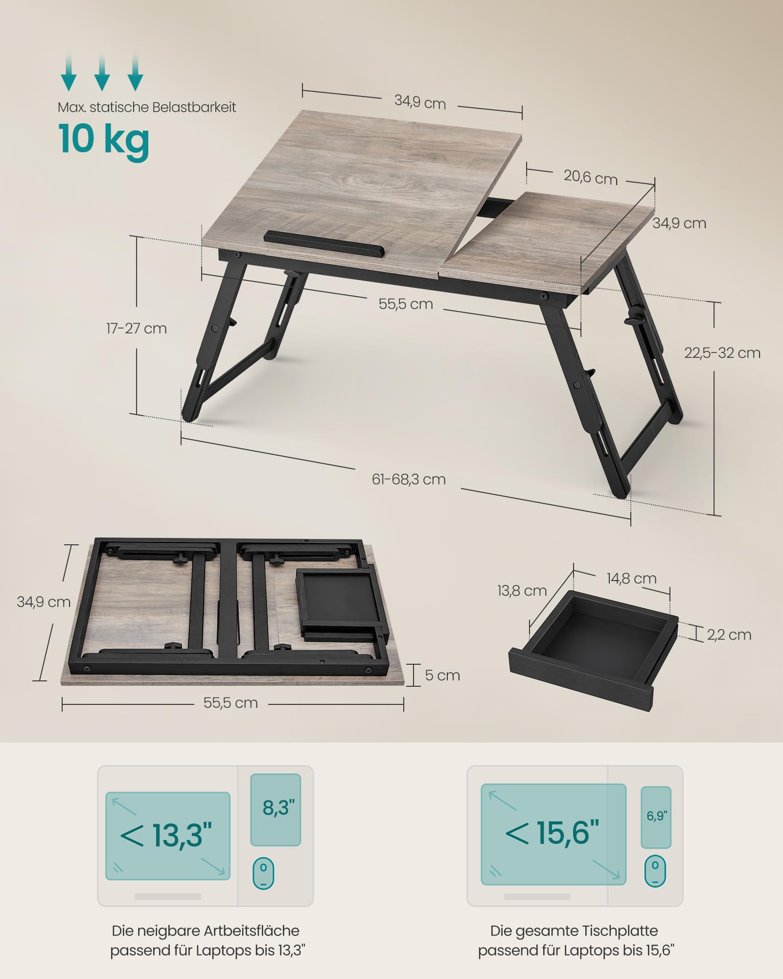 Laptoptisch für Bett, Laptopständer, Winkel- und höhenverstellbar, klappbare Beine, für Laptops bis 15,6 Zoll, Arbeiten, Lesen, Bambusbeine, Schublade, 55,5 x 34,9 cm, vintagebraun LLD105B01